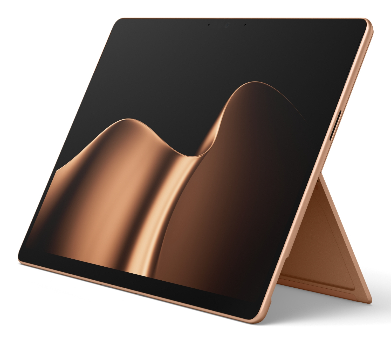 Ein bronzefarbener Tablet-PC steht auf einem weißen Hintergrund und zeigt ein wellenförmiges Design auf dem Bildschirm.