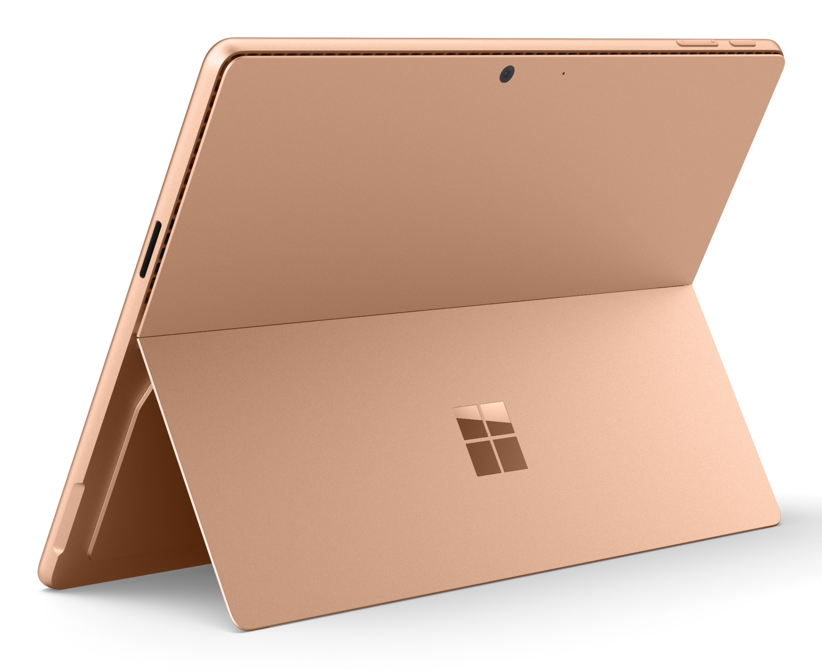 Ein rosegoldenes Microsoft Surface Tablet steht aufrecht auf weißem Hintergrund mit ausgeklapptem Ständer.