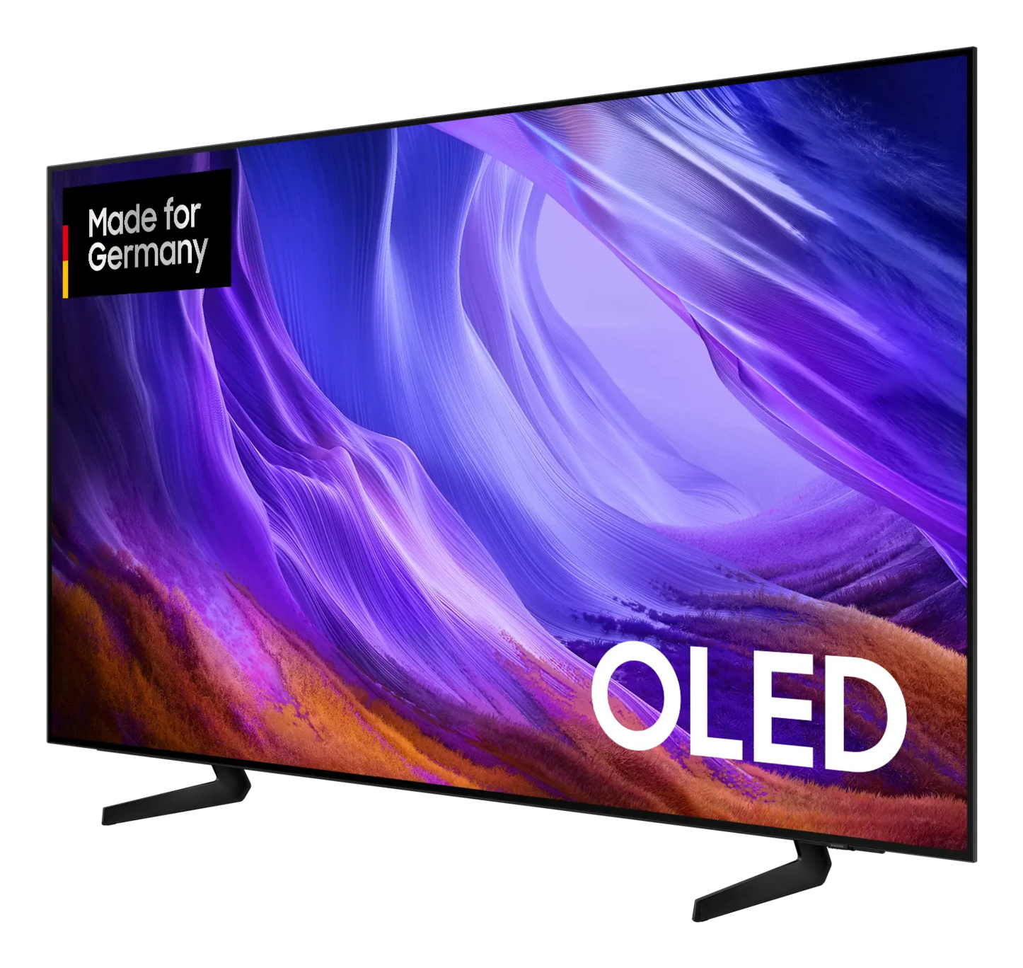 Una TV OLED con cornici sottili, sfondo astratto colorato e un'etichetta 'Made for Germany'.