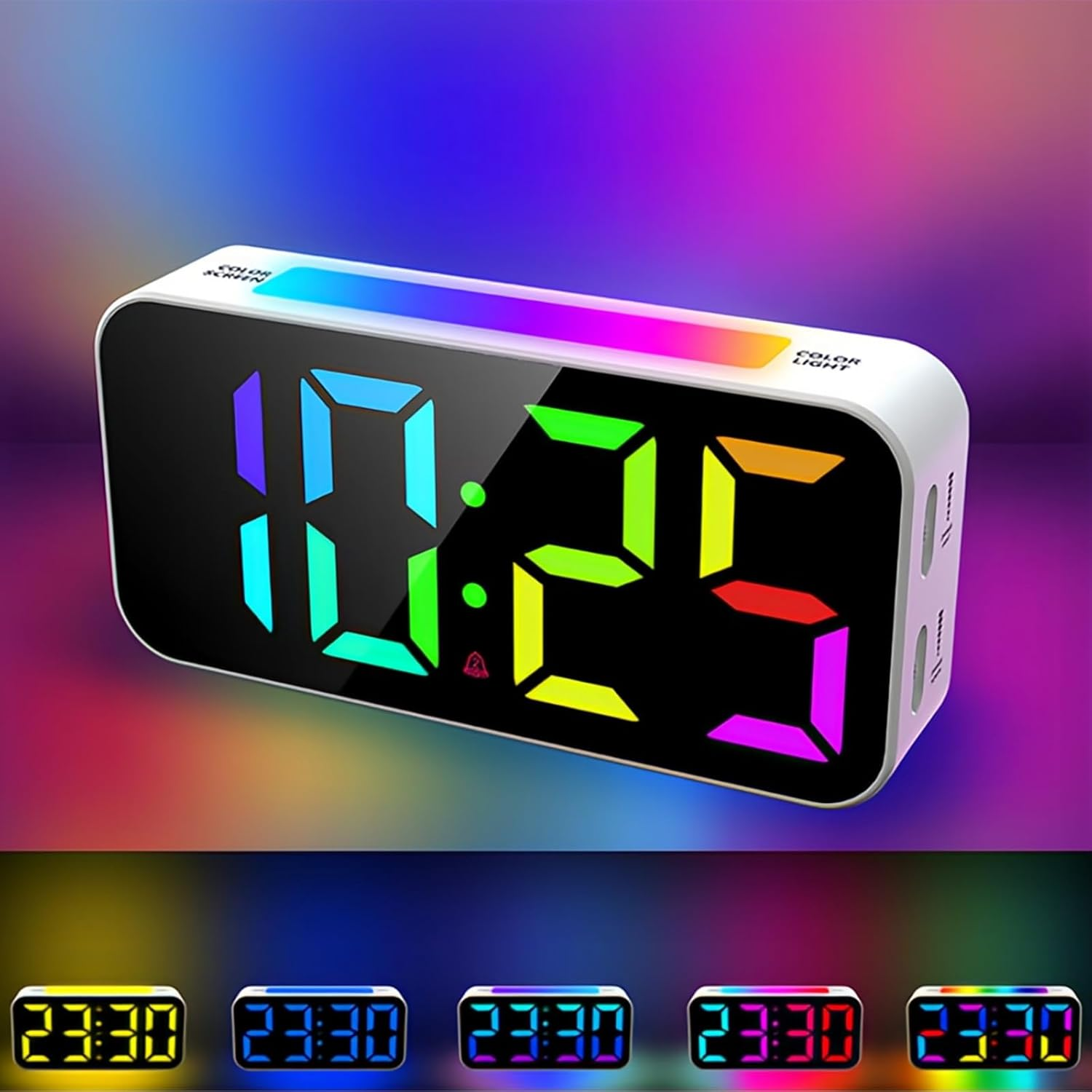 Moderner digitaler Wecker mit mehrfarbiger LED-Anzeige vor einem bunten Hintergrund.