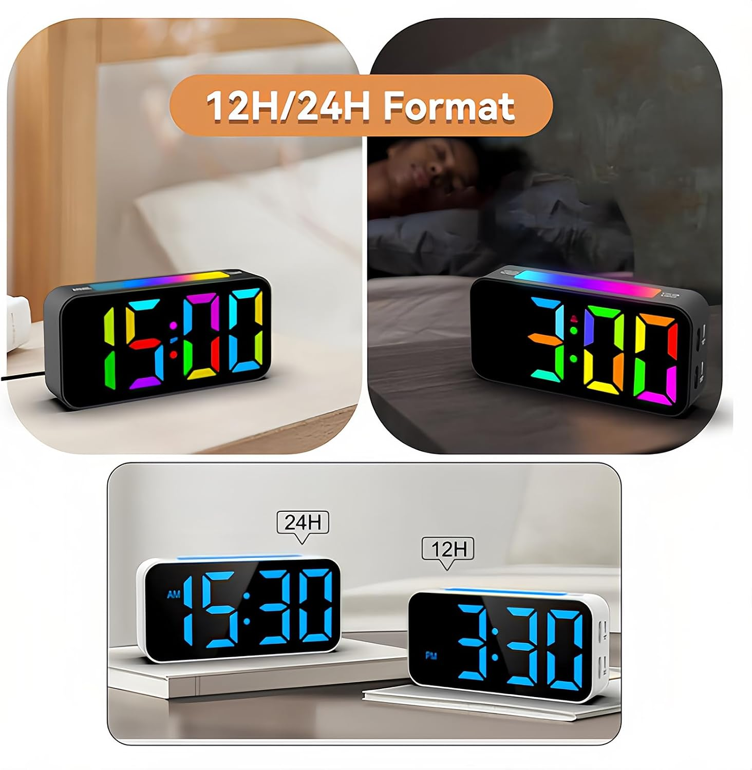 Digitaluhren zeigen die Zeit im 12- und 24-Stunden-Format mit bunten LED-Ziffern.