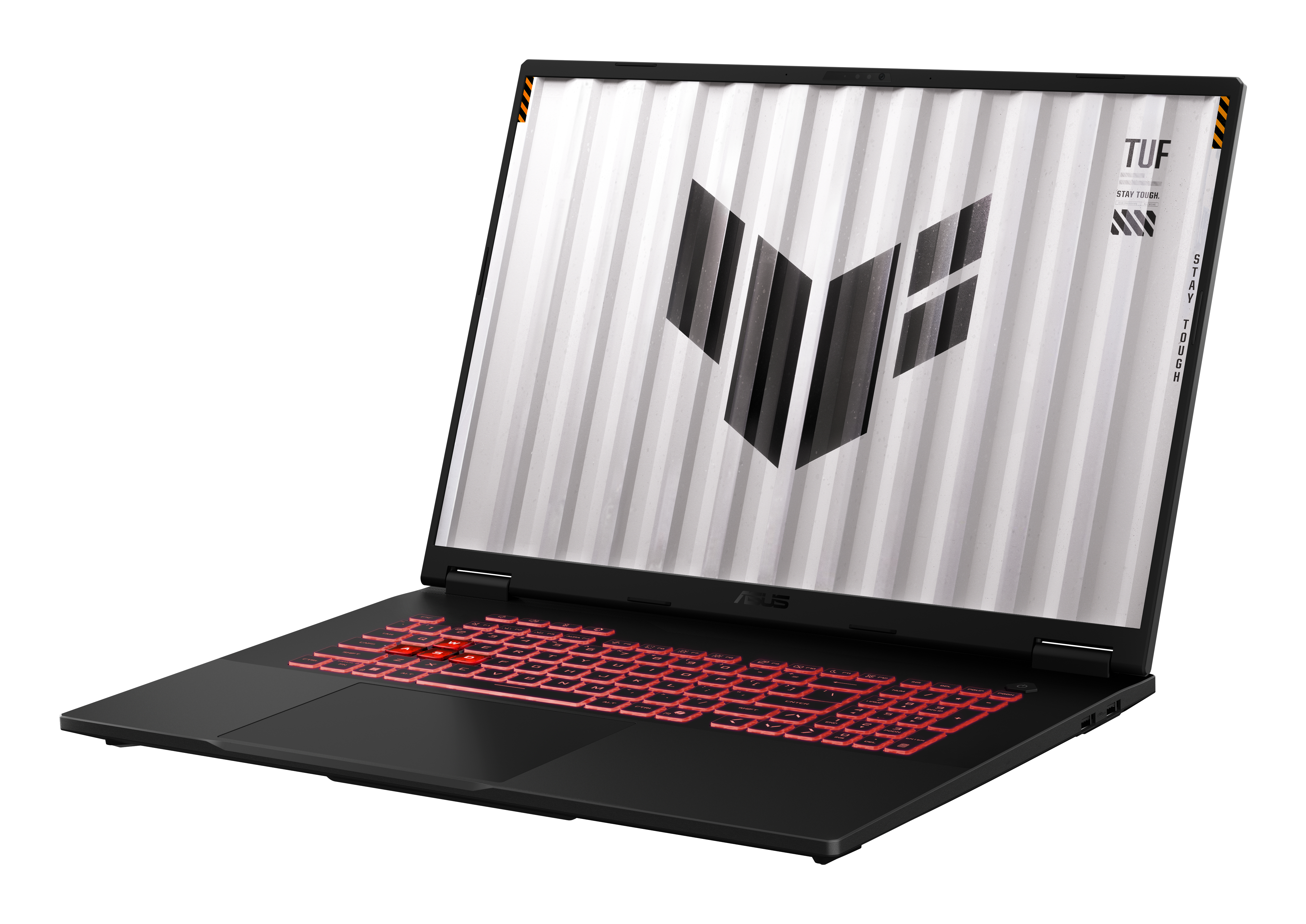 Schwarzer Asus-Gaming-Laptop mit rot leuchtender Tastatur auf weißem Hintergrund.