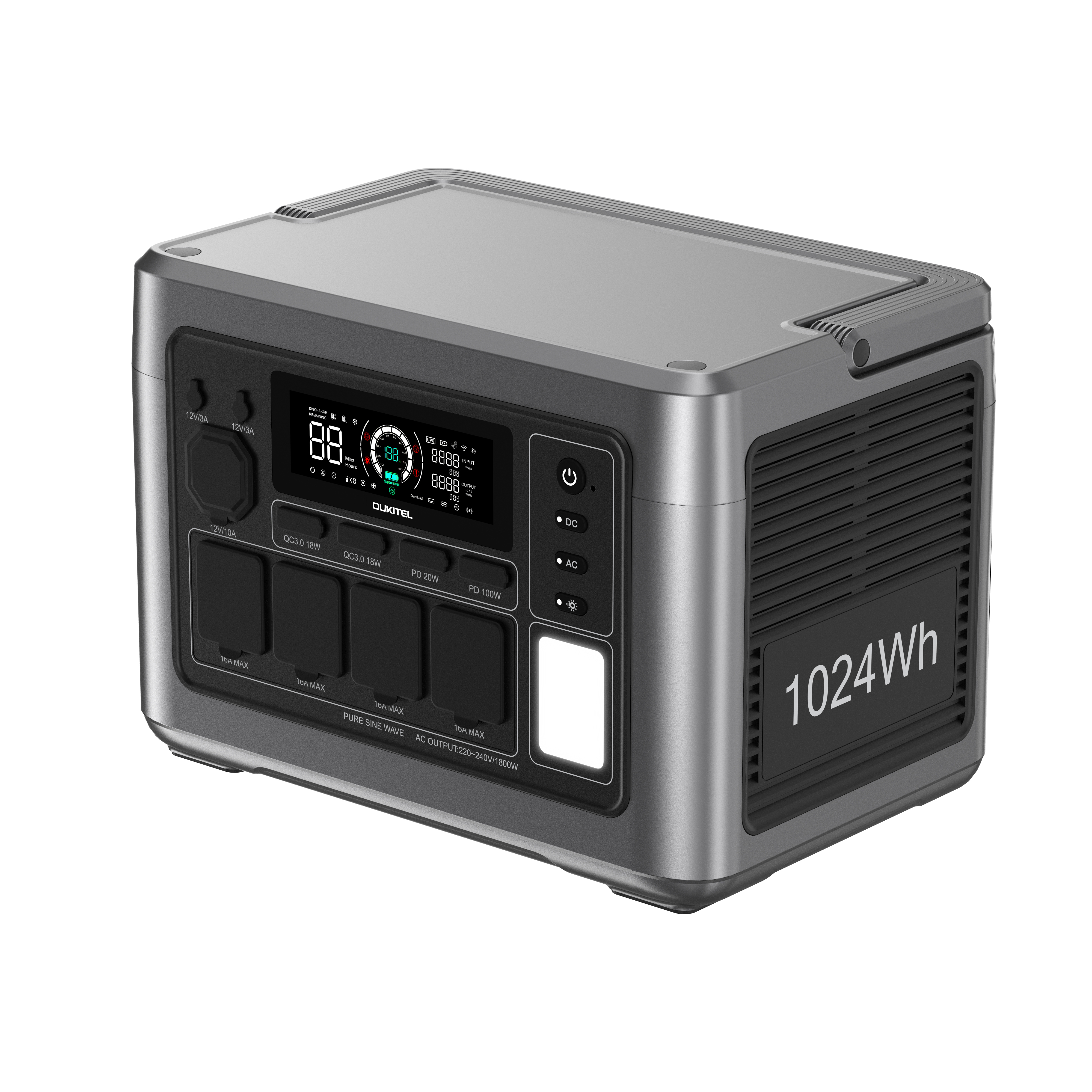Eine graue tragbare Powerstation mit Digitaldisplay, AC- und DC-Anschlüssen sowie einem 1024Wh-Etikett.