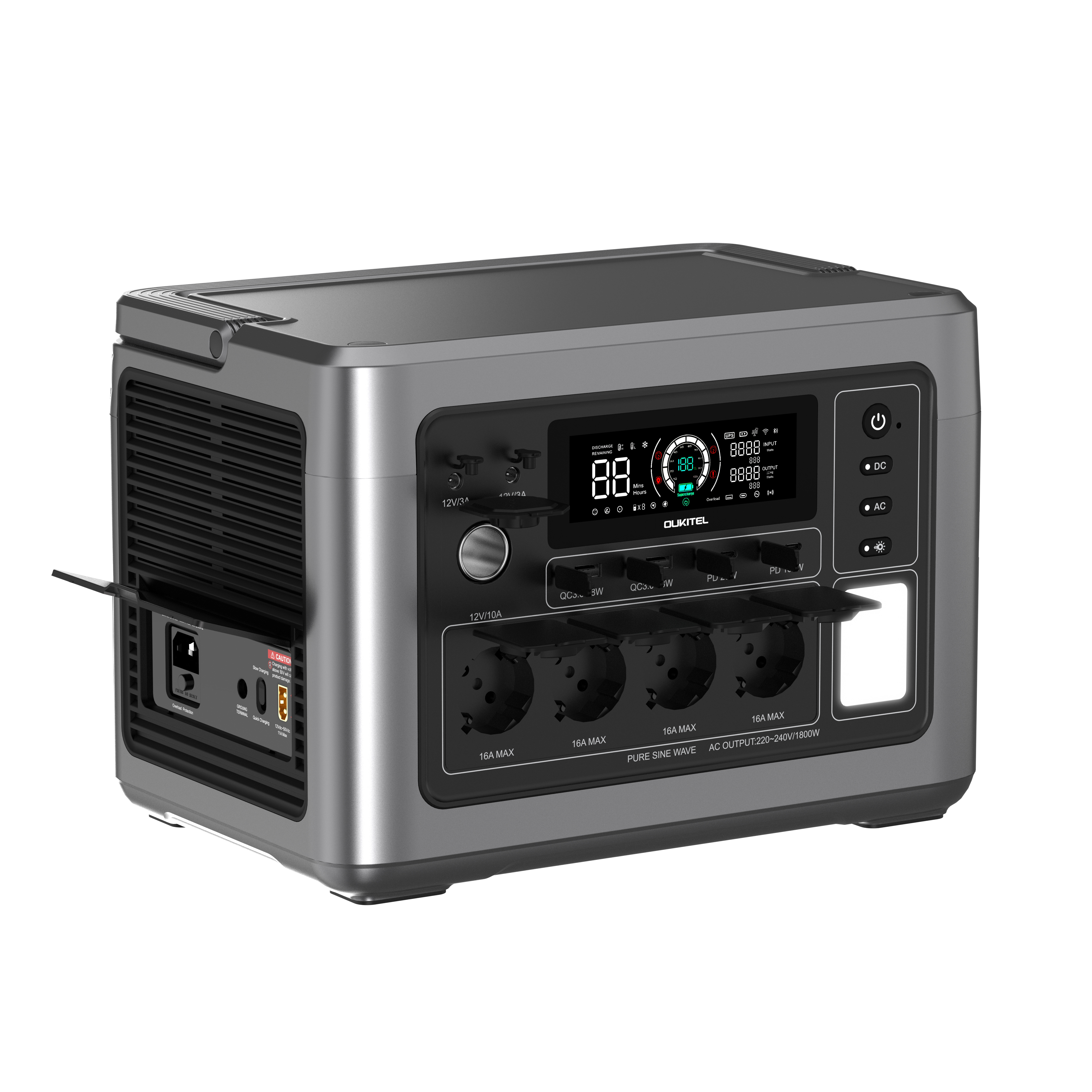 Eine graue tragbare Powerstation mit mehreren AC- und DC-Ausgängen, einem digitalen Display und seitlicher Belüftung.