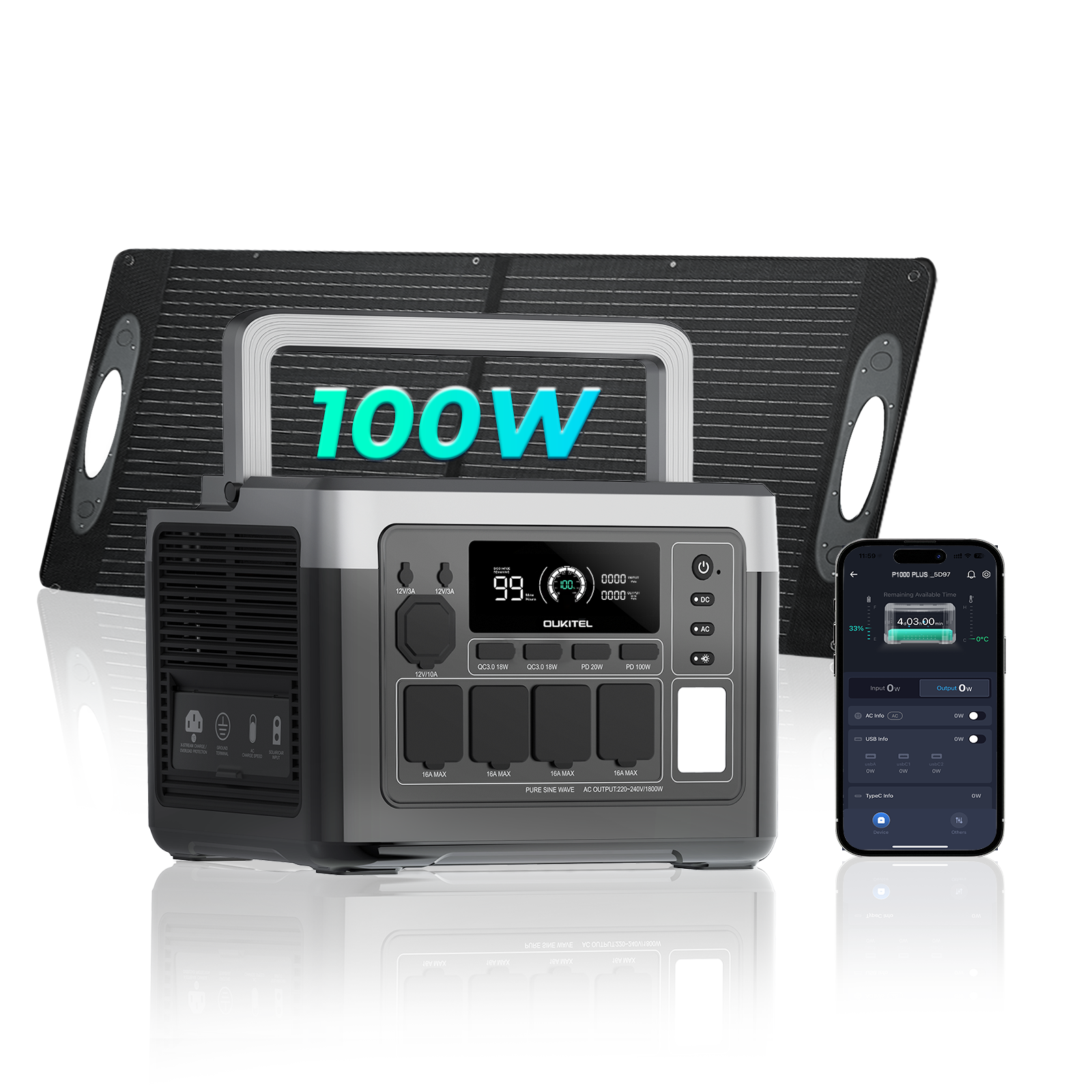 Tragbare Powerstation mit Display, 100W Solarpanel im Hintergrund und Smartphone mit App.