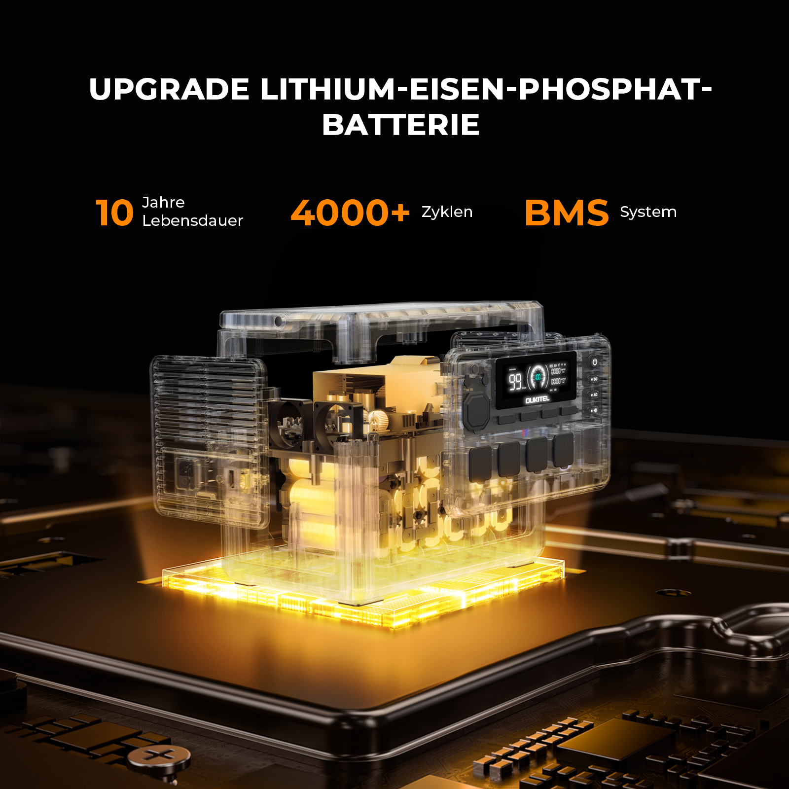 Durchsichtige Powerstation mit LiFePO4-Akku, Display und BMS-System auf metallischem Hintergrund.