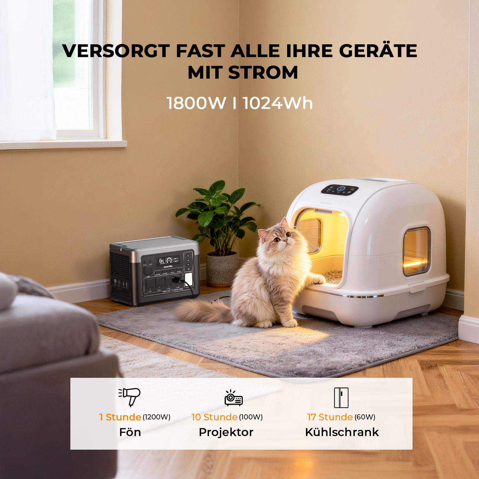 Eine flauschige Katze sitzt neben einer Powerstation und einer beleuchteten Katzentoilette auf einem Teppich.