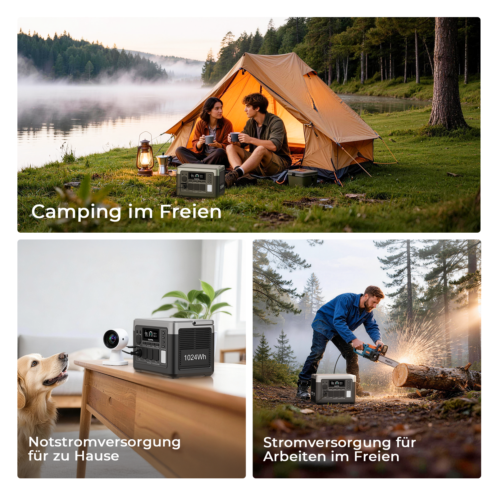 Collage zeigt Camping, Notstrom zu Hause mit Hund und Strom für Outdoor-Arbeiten mit Kettensäge, jeweils mit Powerstation.
