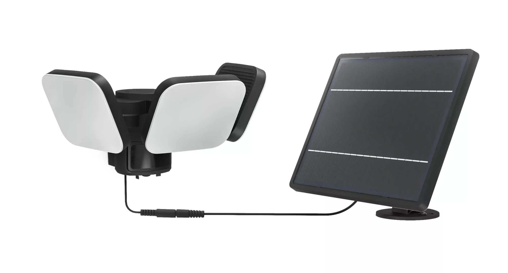 Eine schwarze Dreifach-LED-Leuchte mit Bewegungsmelder ist über ein Kabel mit einem Solarpanel verbunden.