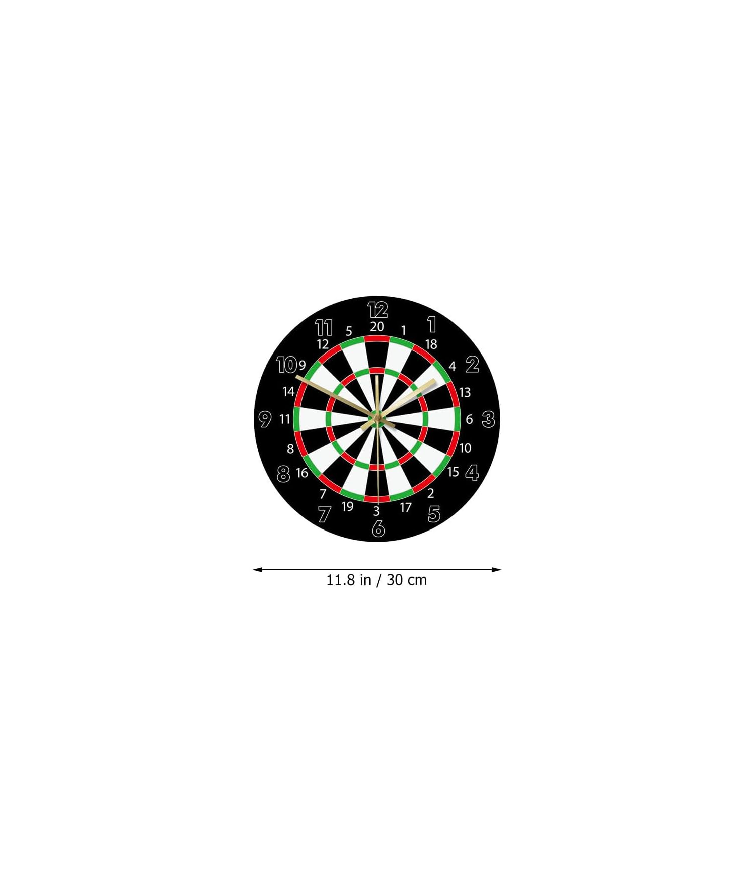 Eine Uhr in Form einer Dartscheibe mit 30 cm Durchmesser auf weißem Hintergrund.