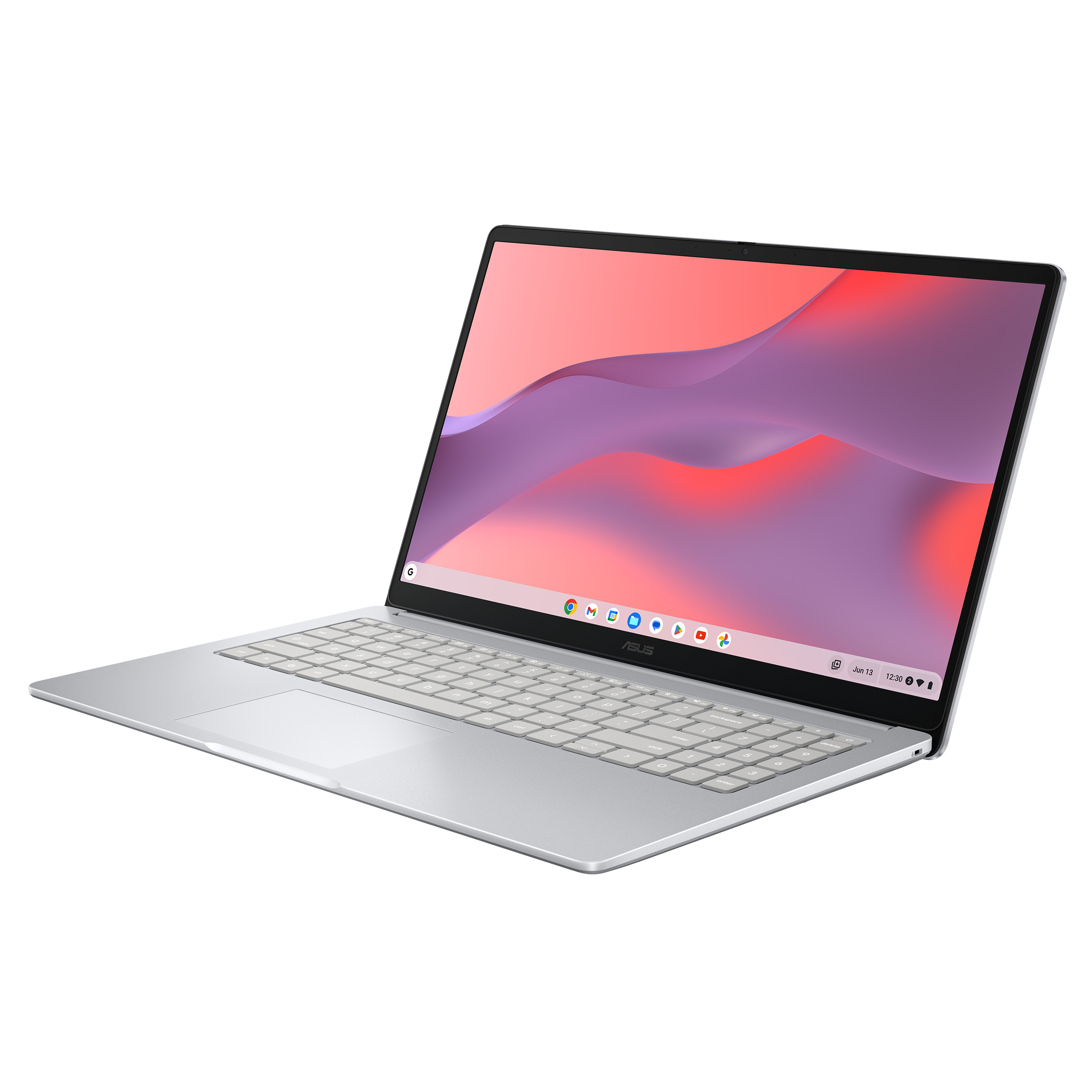 Ein silberner Asus Chromebook Laptop mit einem abstrakten roten und lila Hintergrundbild auf dem Bildschirm.