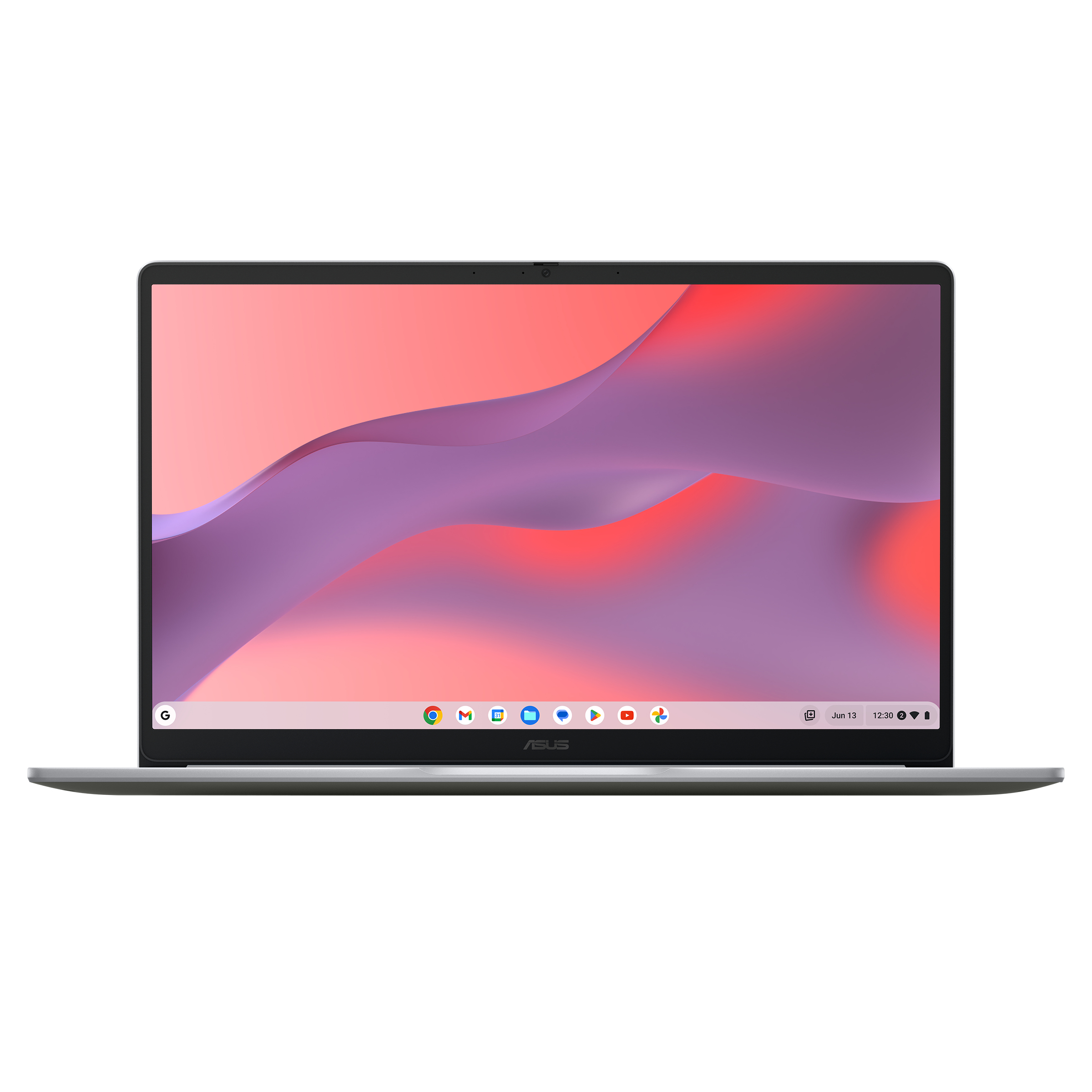 Ein silberner Laptop mit bunten Wellen auf dem Bildschirm und einer Taskleiste unten.