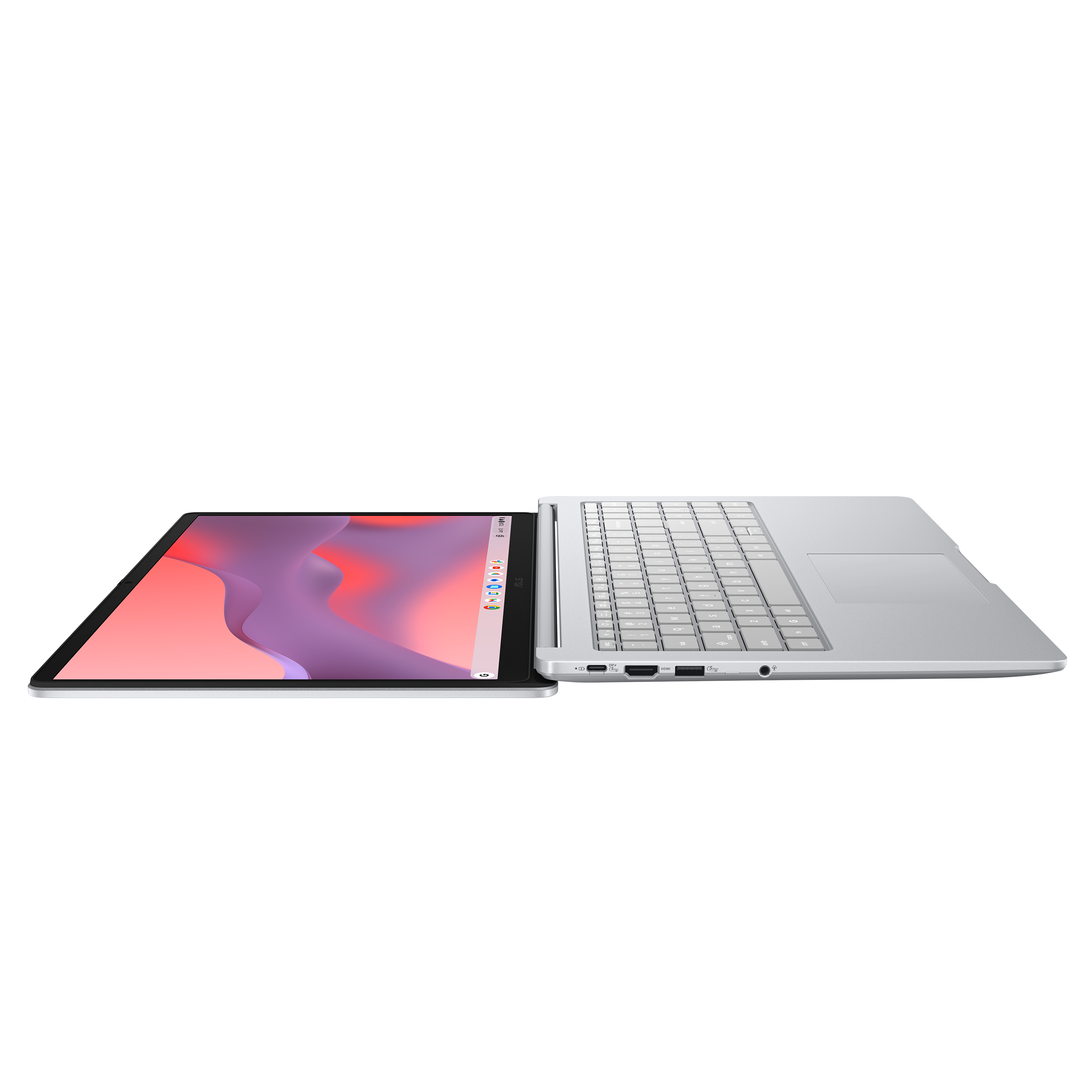 Ein silberner Laptop ist flach aufgeklappt und zeigt Tastatur und Bildschirm mit buntem abstrakten Hintergrund auf Weiß.