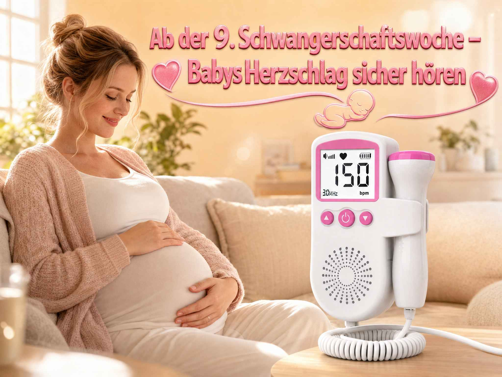 Schwangere Frau lächelt auf einer Couch, rechts steht ein weiß-rosa Fetaldoppler.
