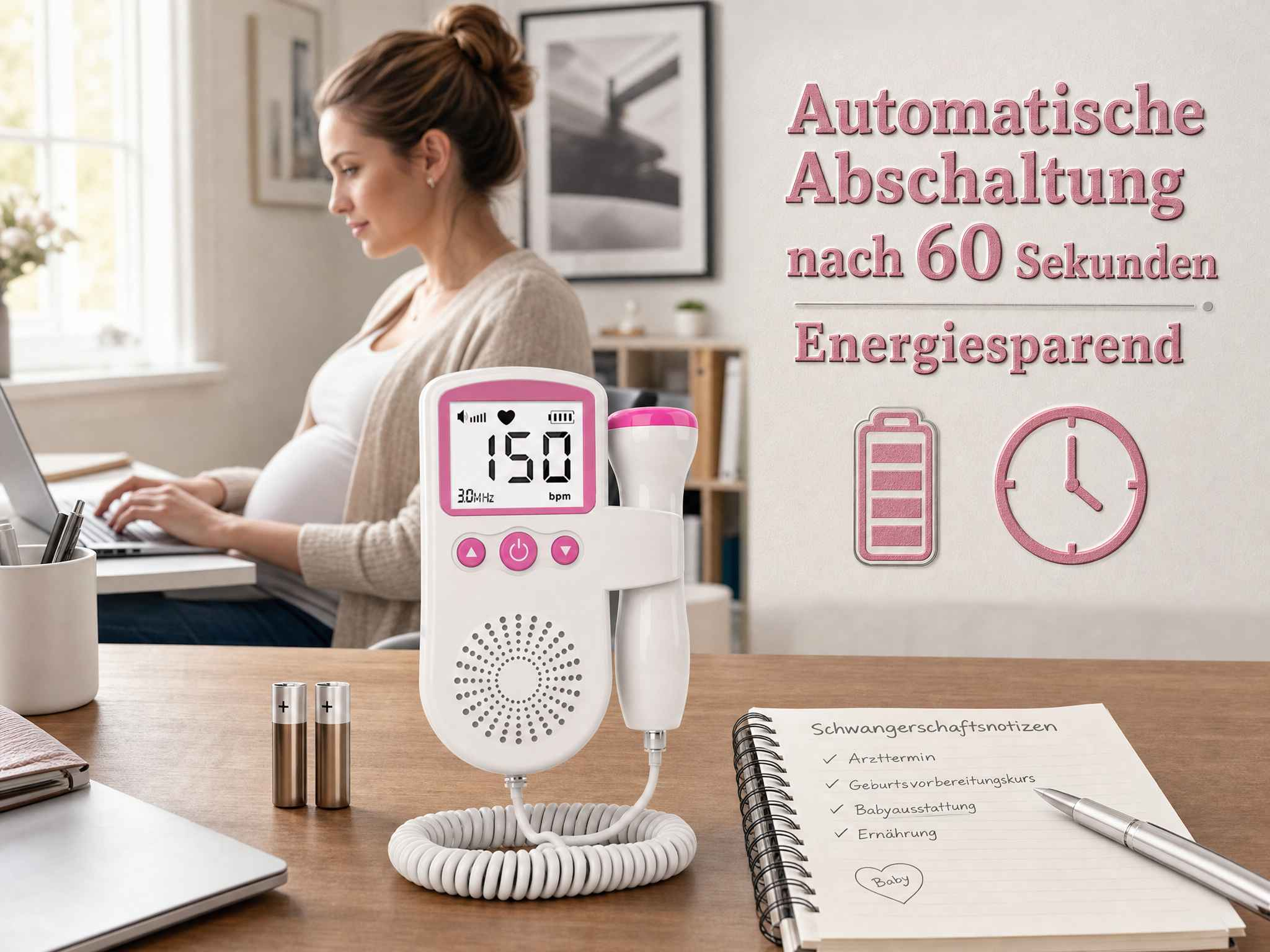 Ein fetaler Dopplermonitor steht auf einem Tisch, während eine schwangere Frau im Hintergrund arbeitet.