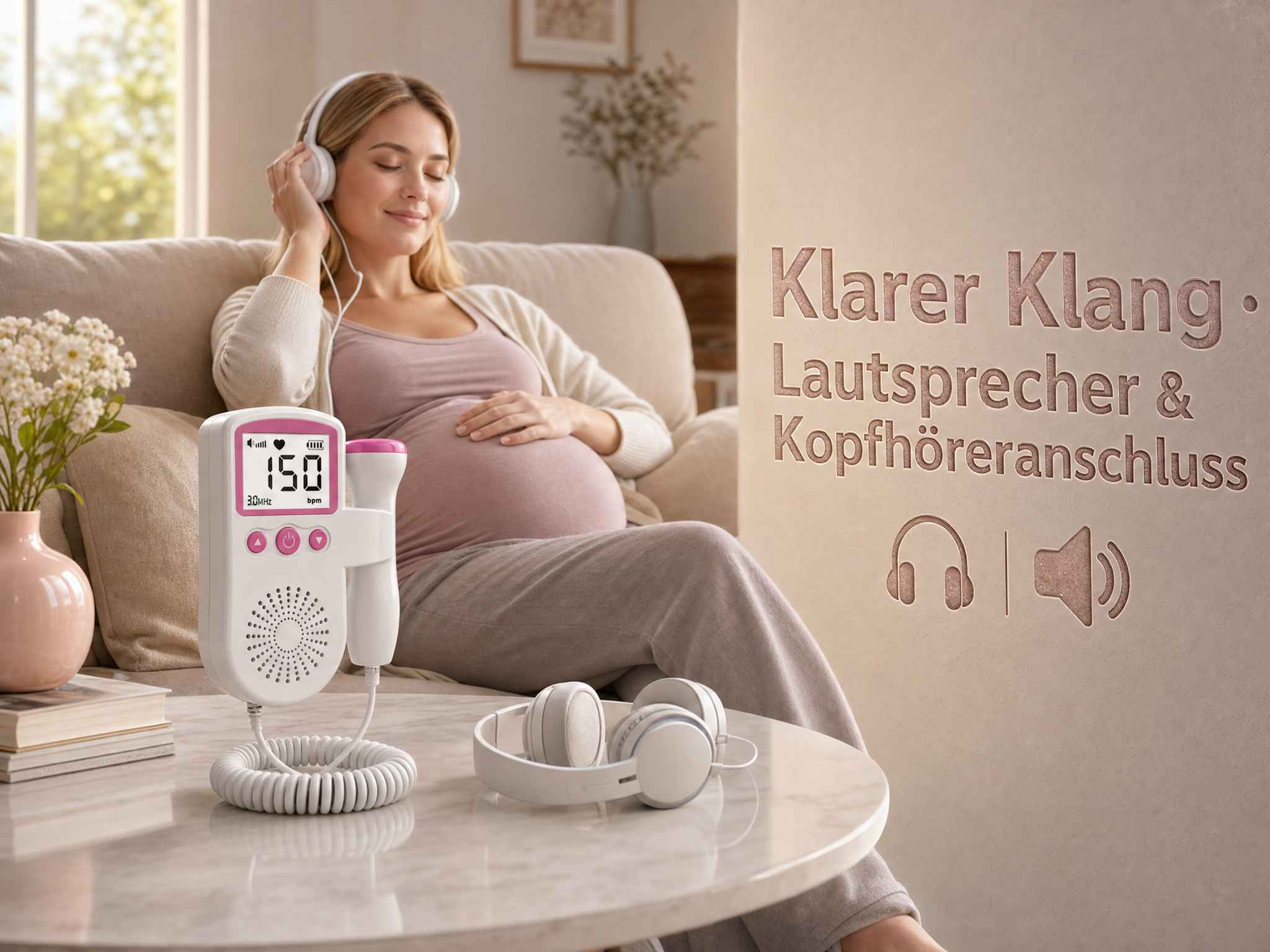 Schwangere Frau sitzt auf Sofa mit Kopfhörern, davor ein fötaler Doppler auf einem Tisch mit Text.