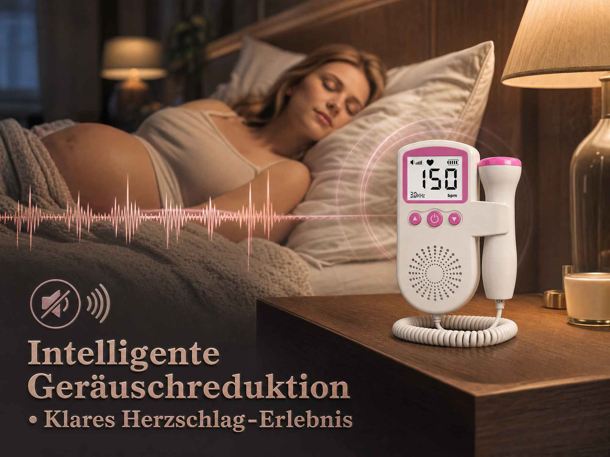 Ein Fetaldoppler auf einem Nachttisch, während eine schwangere Frau im Bett schläft.