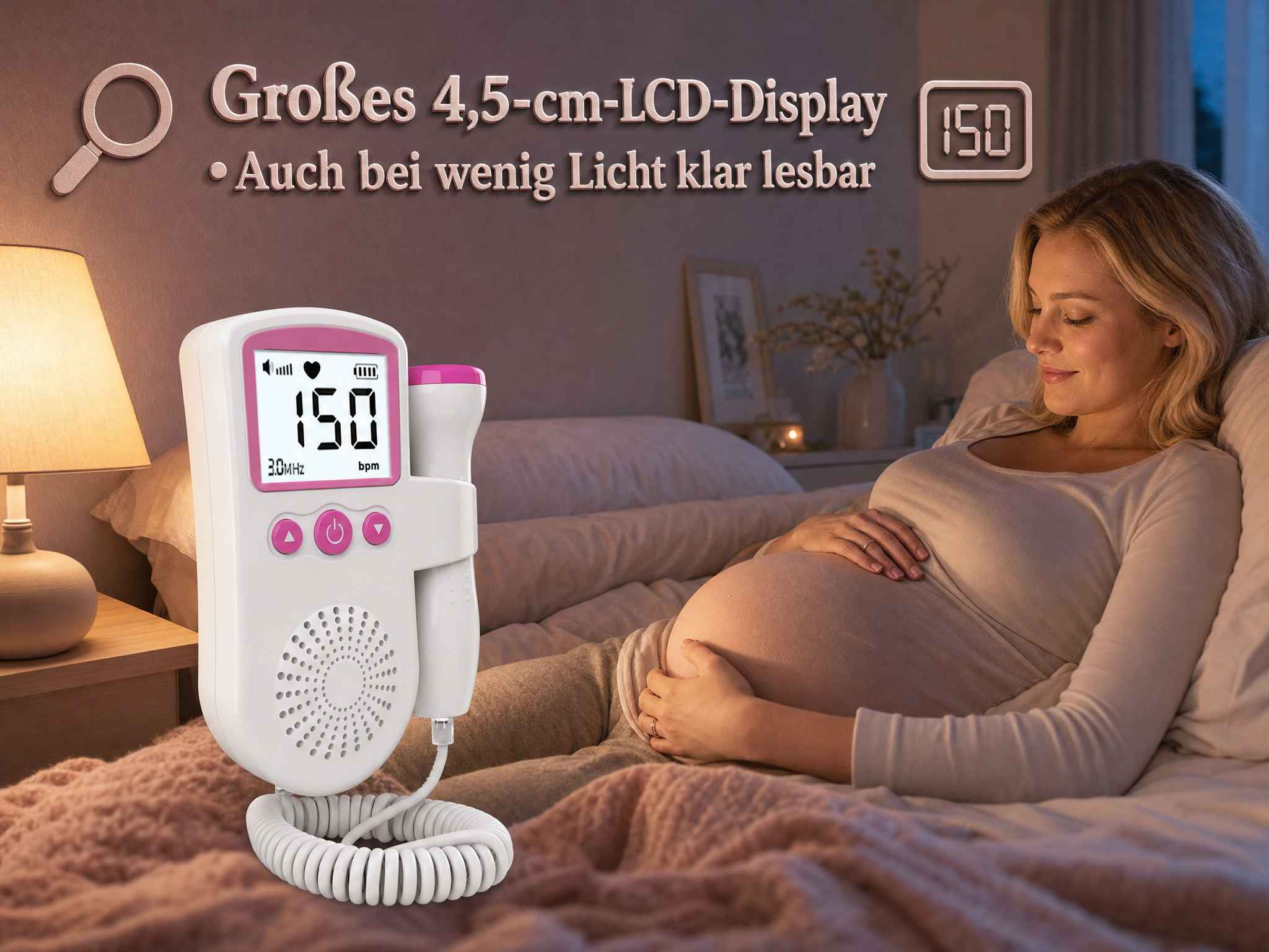 Eine schwangere Frau liegt im Bett und lächelt, während ein weißes Fetaldoppler-Gerät im Vordergrund steht.