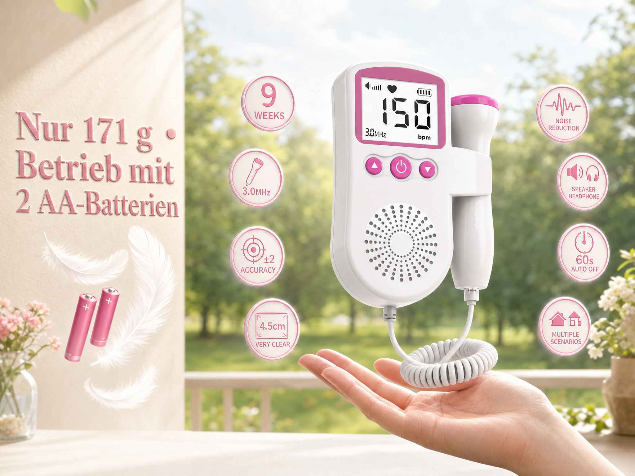 Ein weißes Fetaldoppler-Gerät mit pinkem Display wird in einer Hand gehalten, umgeben von Werbe-Icons.