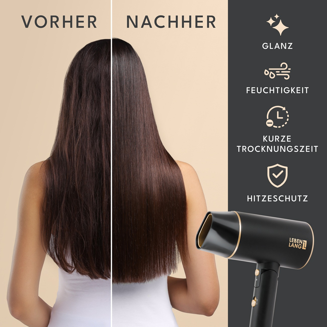 Vergleich von Haaren vor und nach dem Föhnen mit einem schwarzen Haartrockner und Symbolen für die Vorteile.