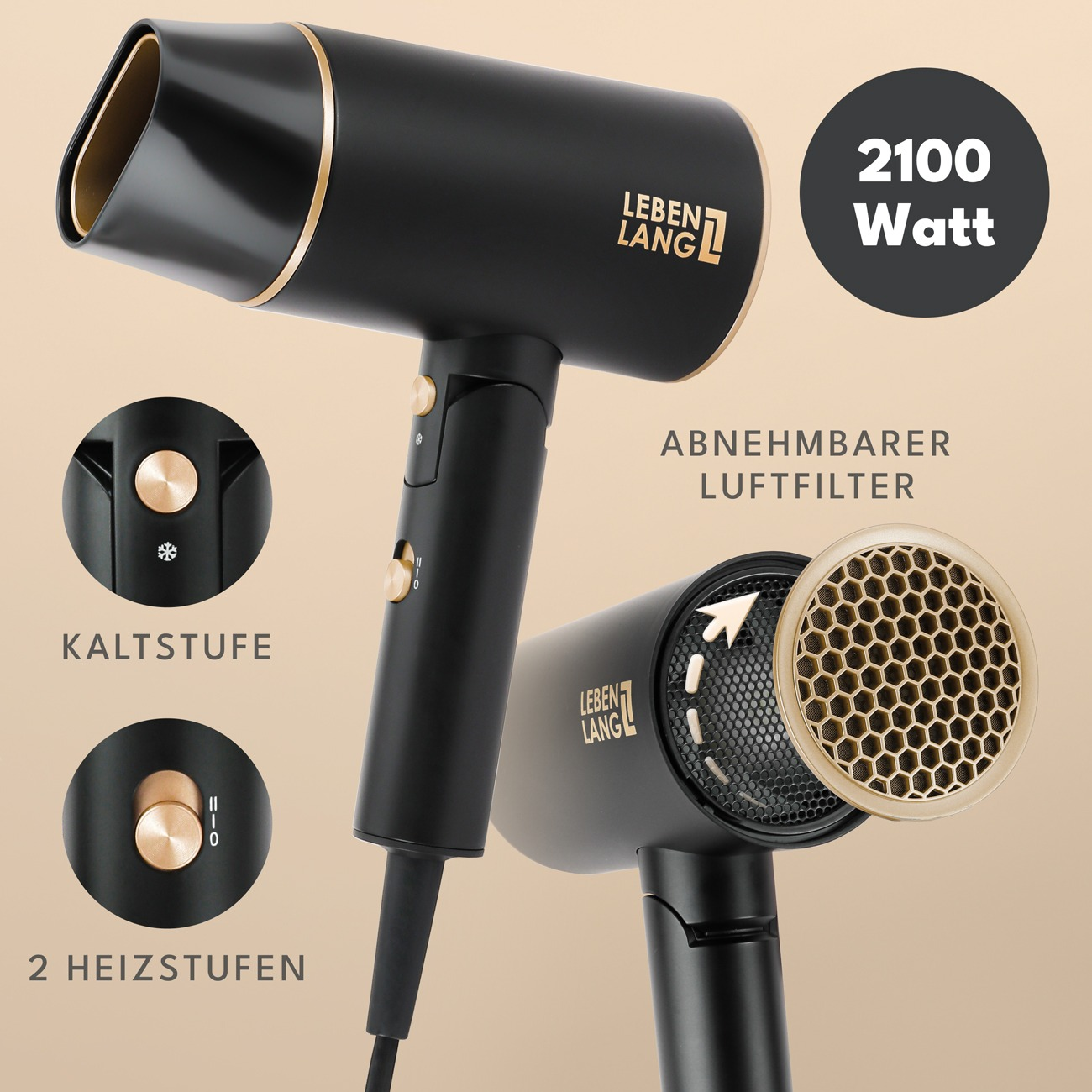 Ein schwarz-goldener Leben Lang 2100W Haartrockner mit abnehmbarem Luftfilter und Detailaufnahmen.