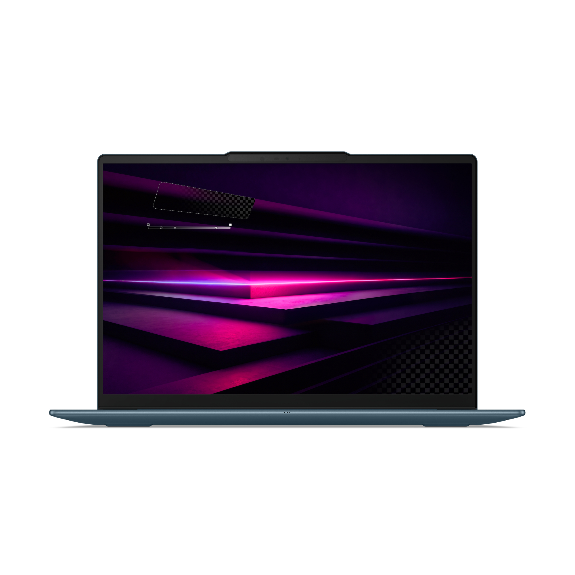 Ein dunkelblauer Laptop zeigt einen lebendigen lila-rosa Neon-Hintergrund auf dem Bildschirm vor weißem Hintergrund.