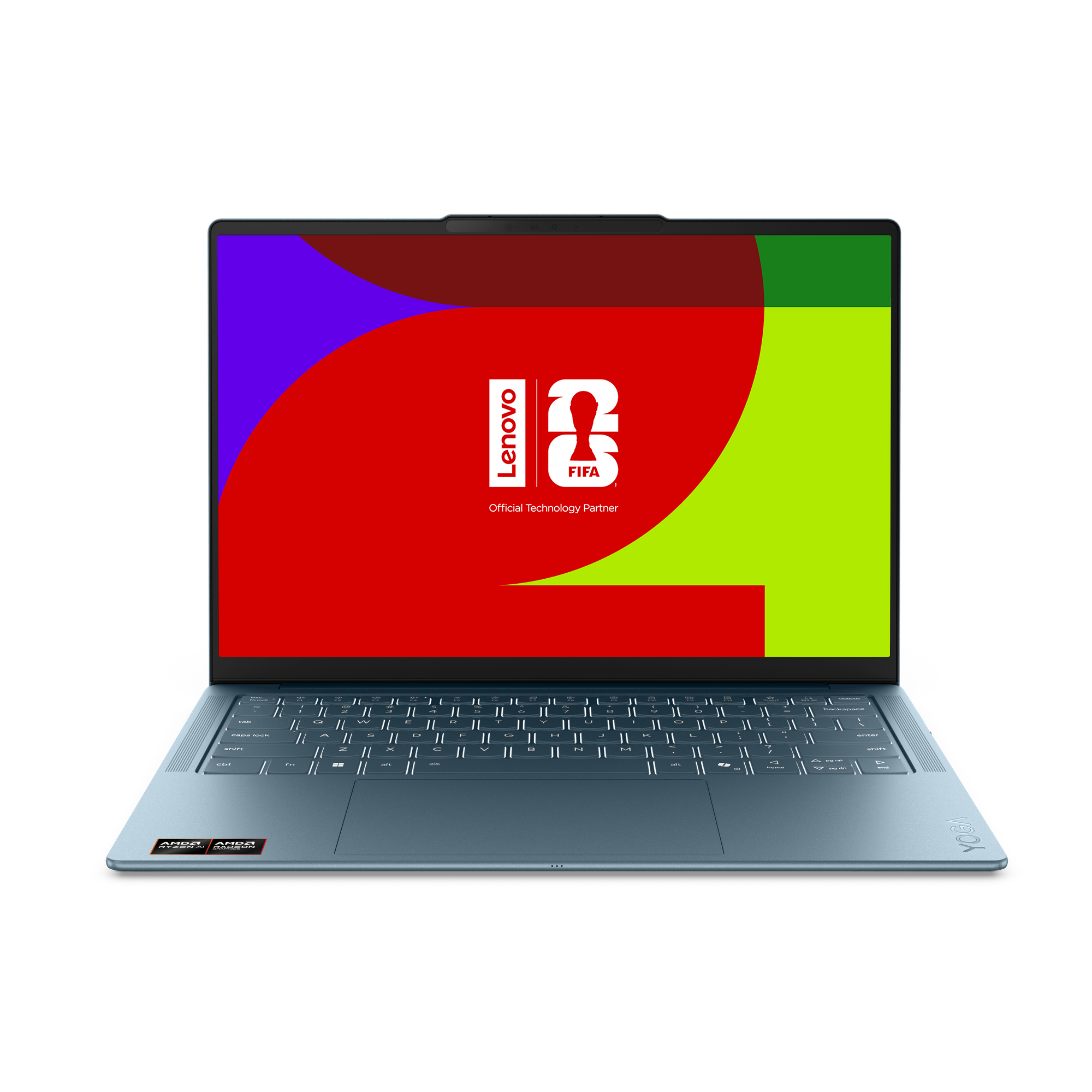 Ein blauer Laptop mit buntem Bildschirm zeigt ein Lenovo FIFA-Logo auf weißem Hintergrund.