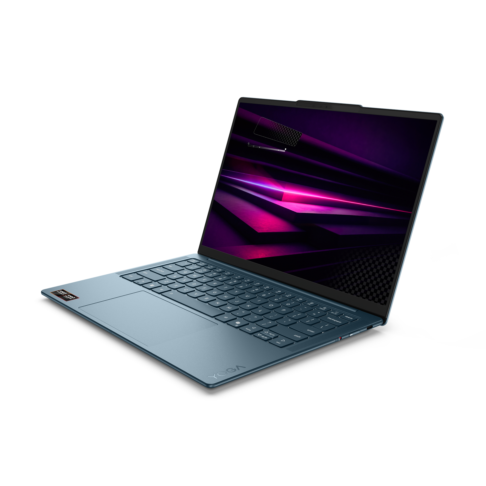 Ein blauer Laptop mit geöffnetem Bildschirm zeigt ein violettes abstraktes Hintergrundbild vor weißem Hintergrund.