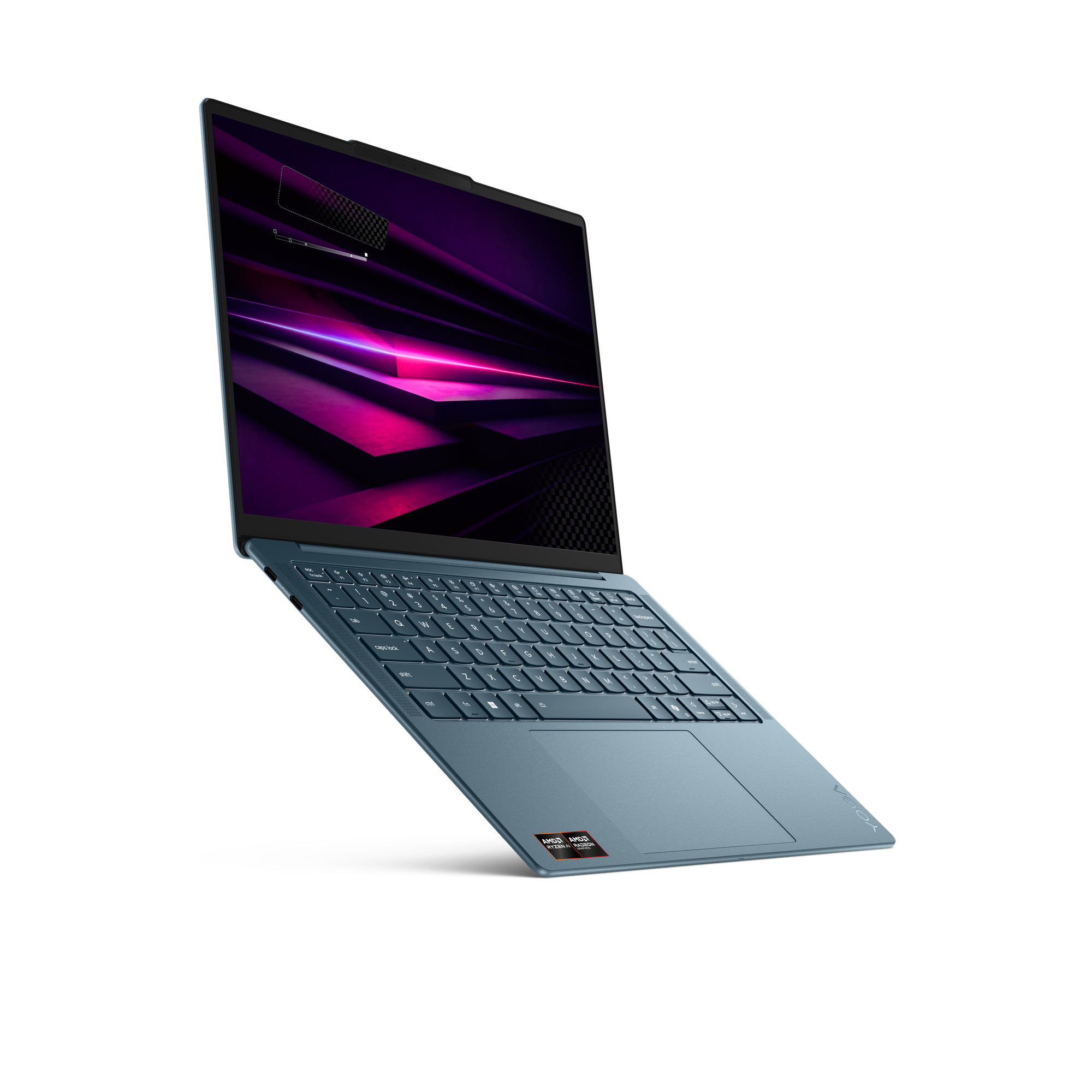 Ein blauer Laptop schwebt in der Luft, mit einem farbenfrohen abstrakten Hintergrund auf dem Bildschirm.