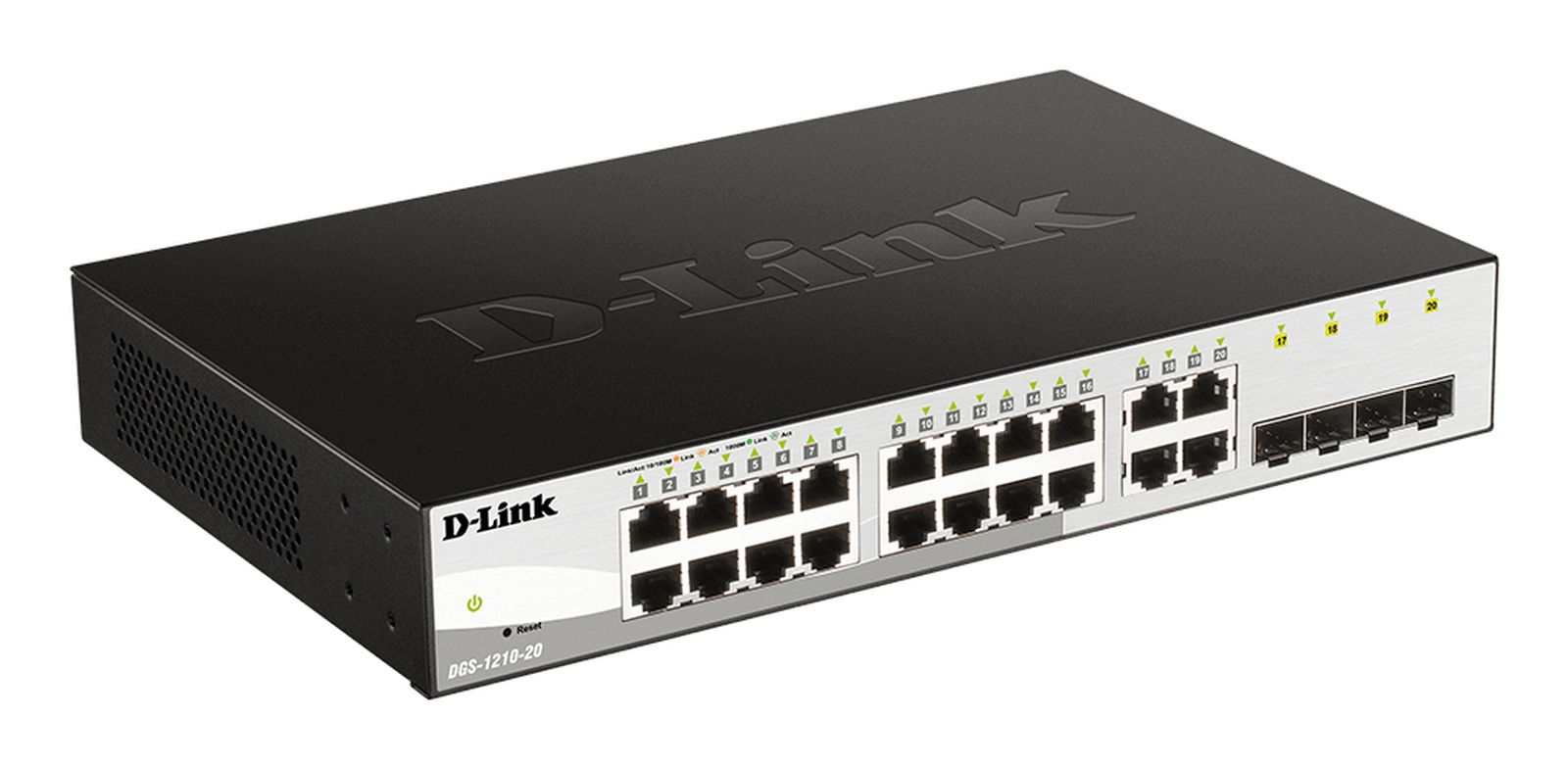 Uno switch di rete D-Link DGS-1210-20 nero con pannello frontale argentato e porte Ethernet su sfondo bianco.