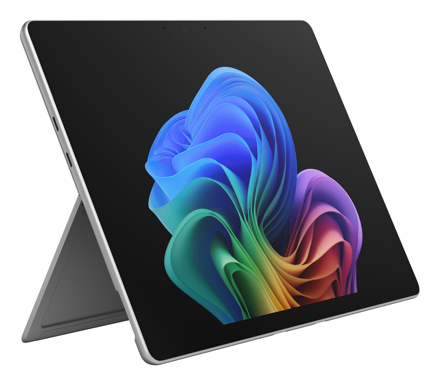 Ein silbernes Tablet mit integriertem Ständer zeigt ein buntes, geschwungenes Wallpaper auf dem Bildschirm.