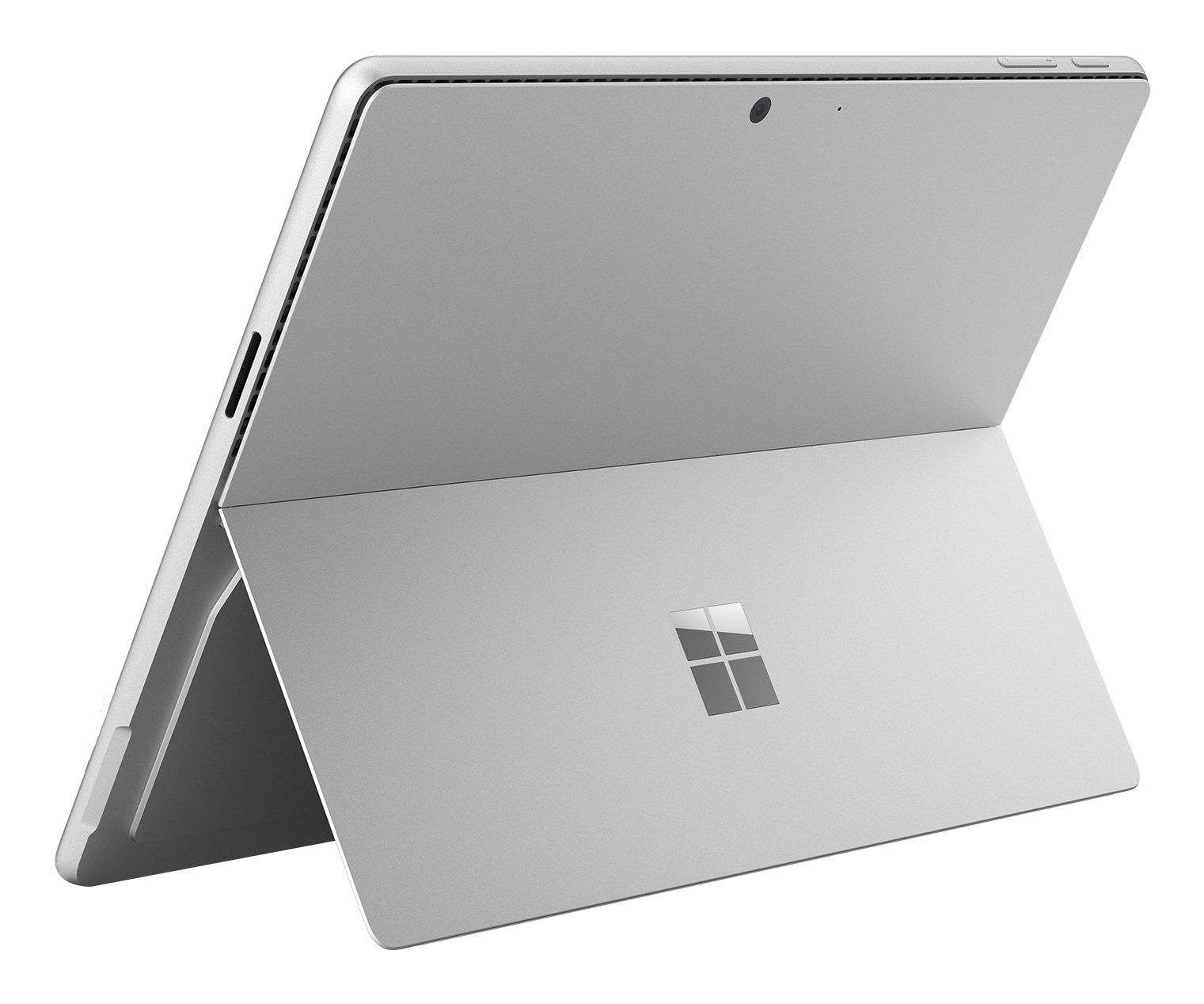 Ein silbernes Microsoft Surface Tablet steht aufrecht mit ausgeklapptem Ständer auf weißem Hintergrund.