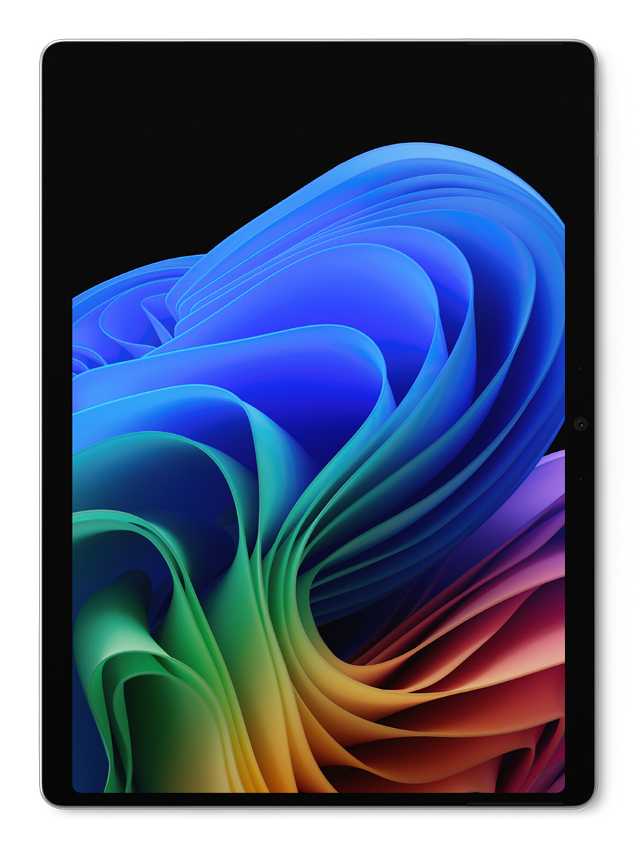 Ein Tablet zeigt einen bunten, fließenden Wellenhintergrund in Blau, Grün und Orange auf dem Bildschirm.