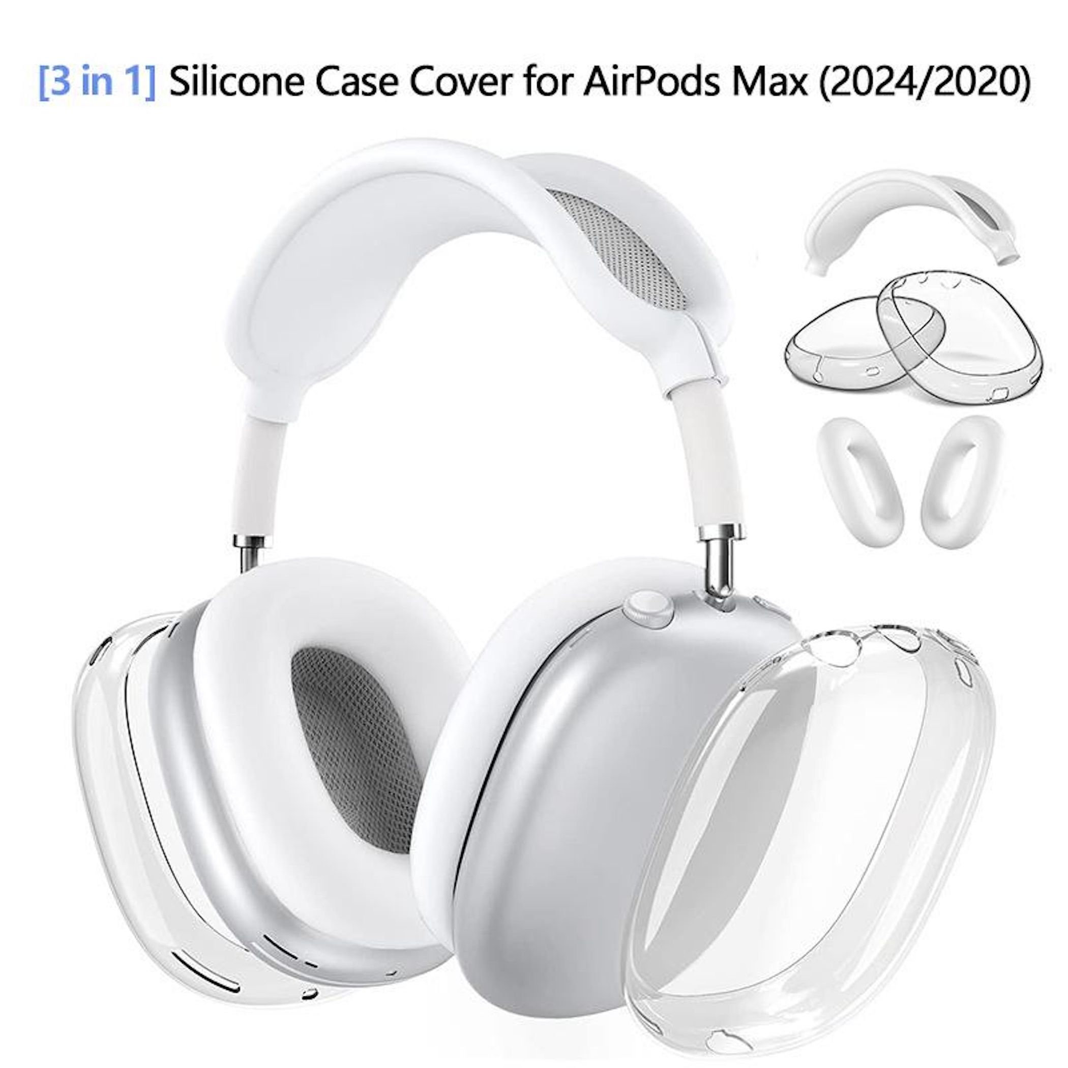 Weisse AirPods Max Kopfhoerer mit klaren Silikon-Schutzhuellen und Ohrpolsterhuellen vor weissem Hintergrund.