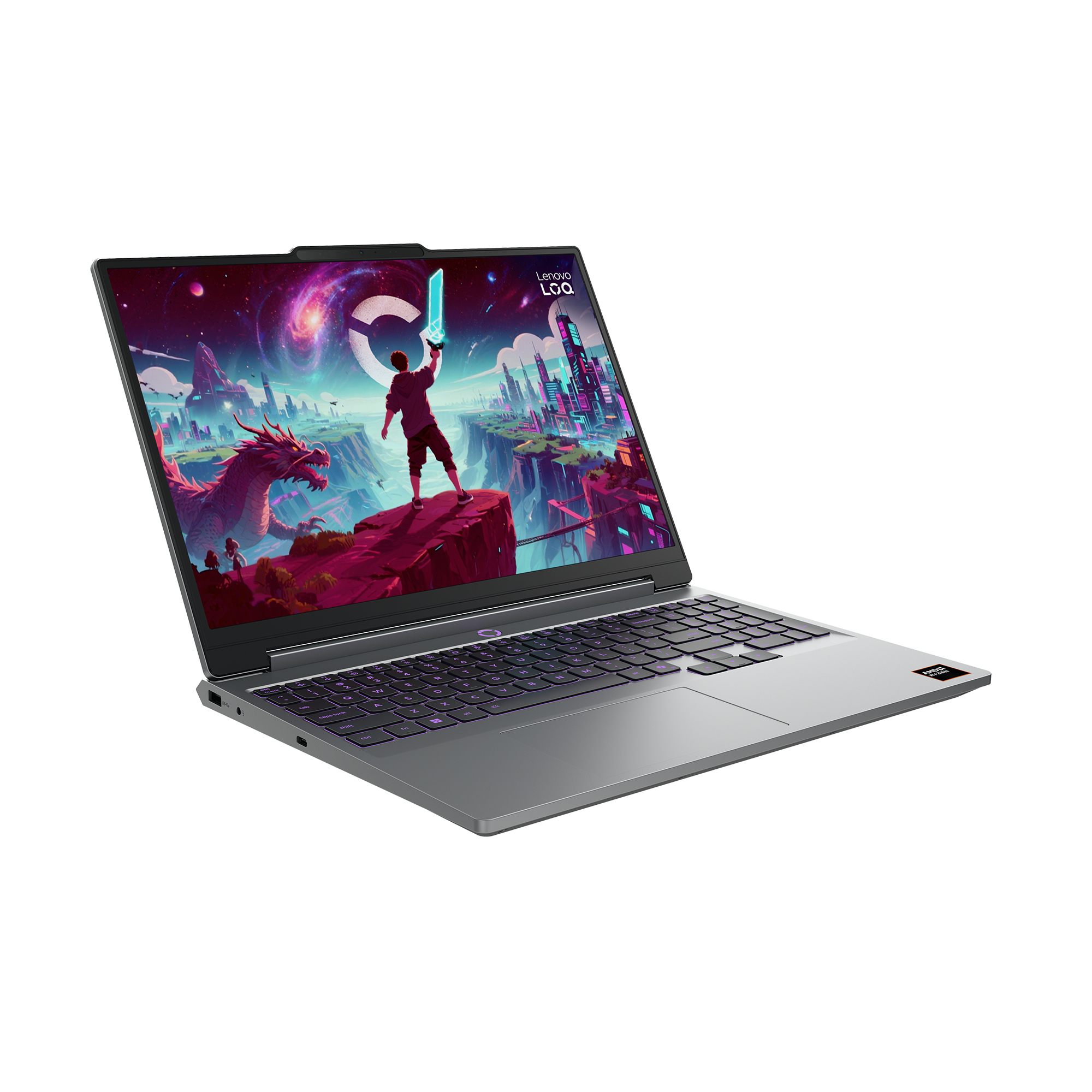 Ein grauer Lenovo LOQ Gaming-Laptop zeigt ein lebendiges Fantasy-Hintergrundbild mit Drachen, Stadt und Held.