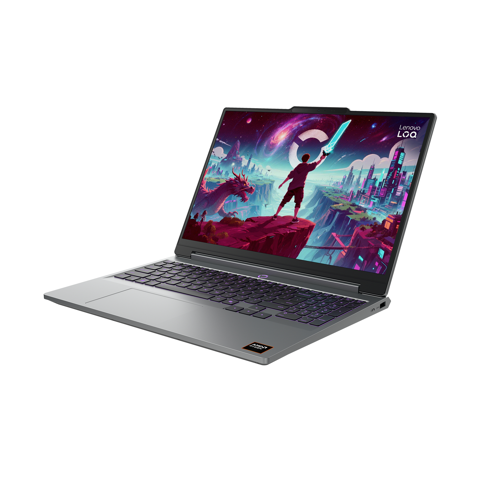 Ein grauer Lenovo LOQ Gaming-Laptop mit beleuchteter Tastatur und einem bunten Fantasy-Hintergrundbild auf dem Bildschirm.