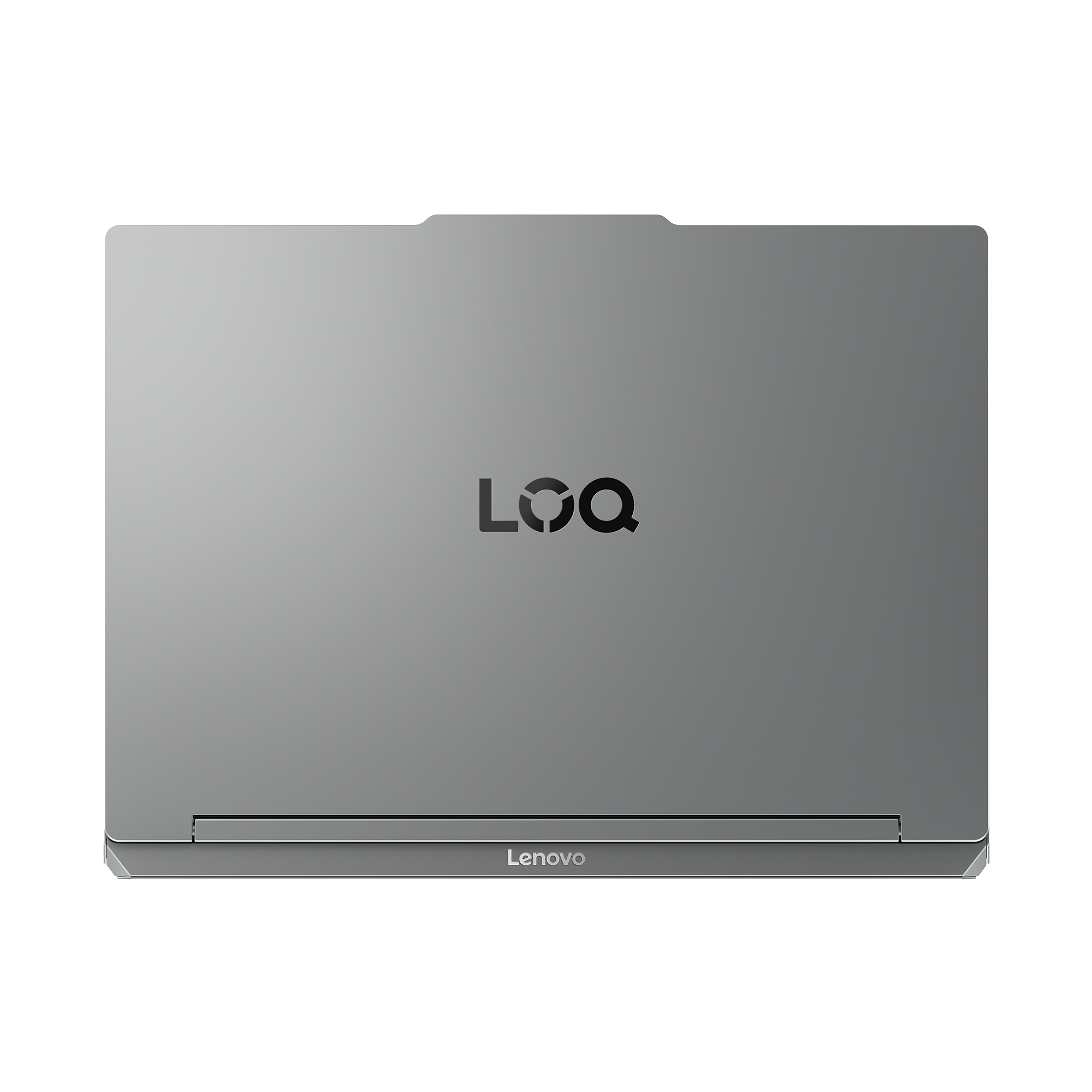 Grauer Laptop-Deckel mit einem zentralen LOQ-Logo und dem Lenovo-Schriftzug unten auf hellem Hintergrund.
