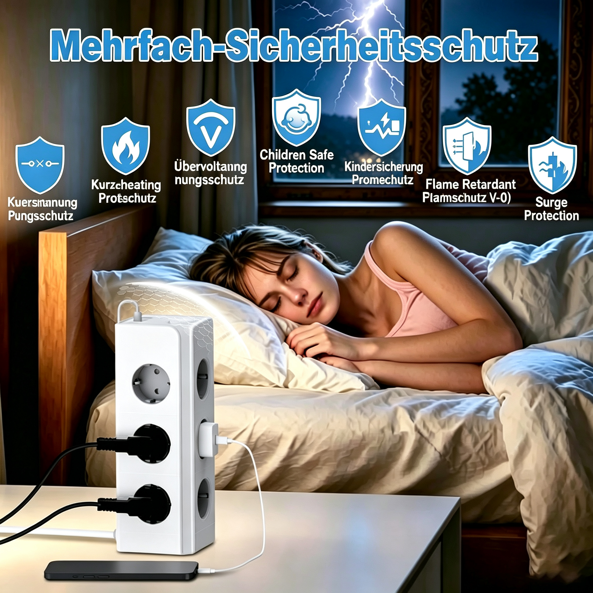 Eine Frau schläft friedlich in einem Bett, während im Vordergrund eine weiße Steckdosenleiste auf einem Nachttisch steht.