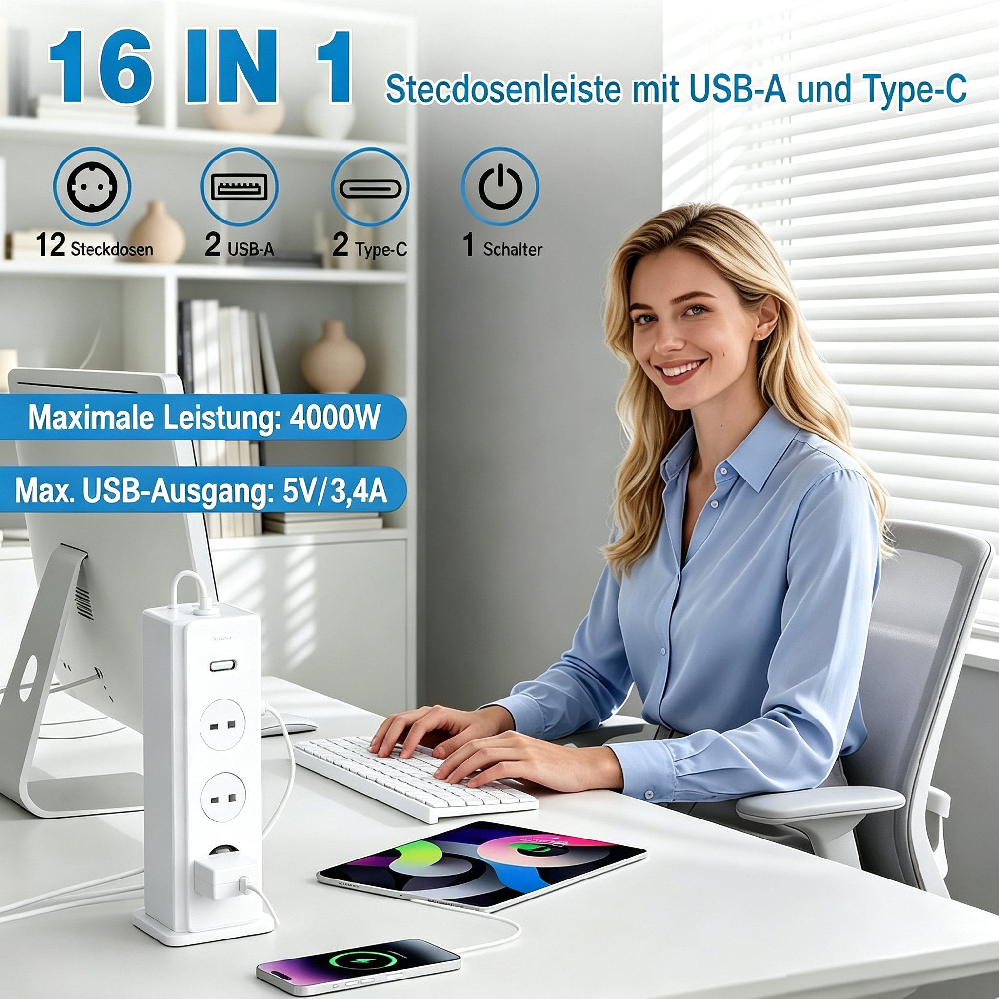 Eine blonde Frau tippt an einem Schreibtisch mit Computer und einer weißen Steckerleiste.