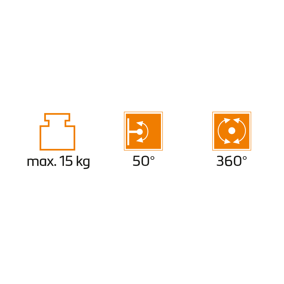 Icons zeigen max. 15 kg, 50 Grad Neigung und 360 Grad Drehung auf weißem Hintergrund.