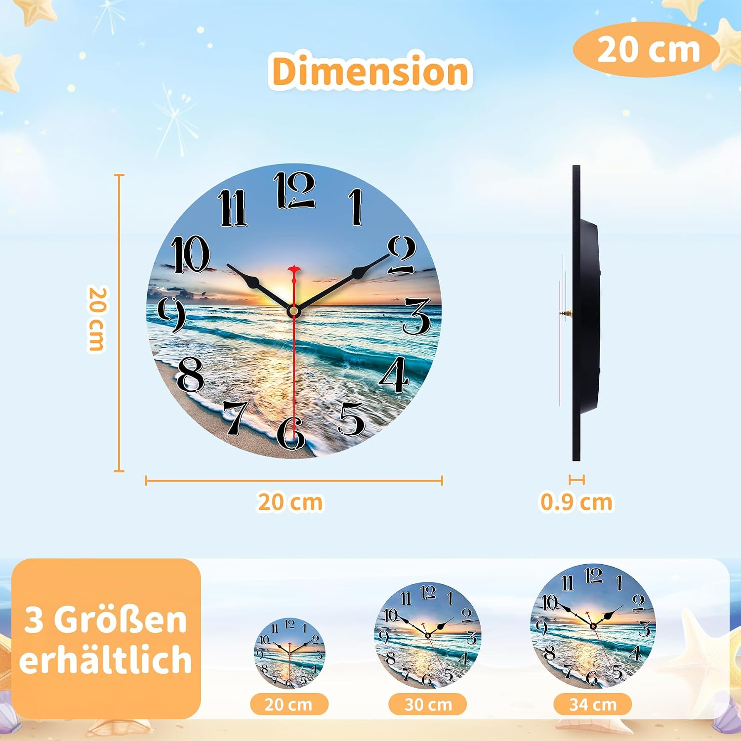 Strand Wanduhr mit 20 cm Maßen und Anzeige für drei verfügbare Größen.