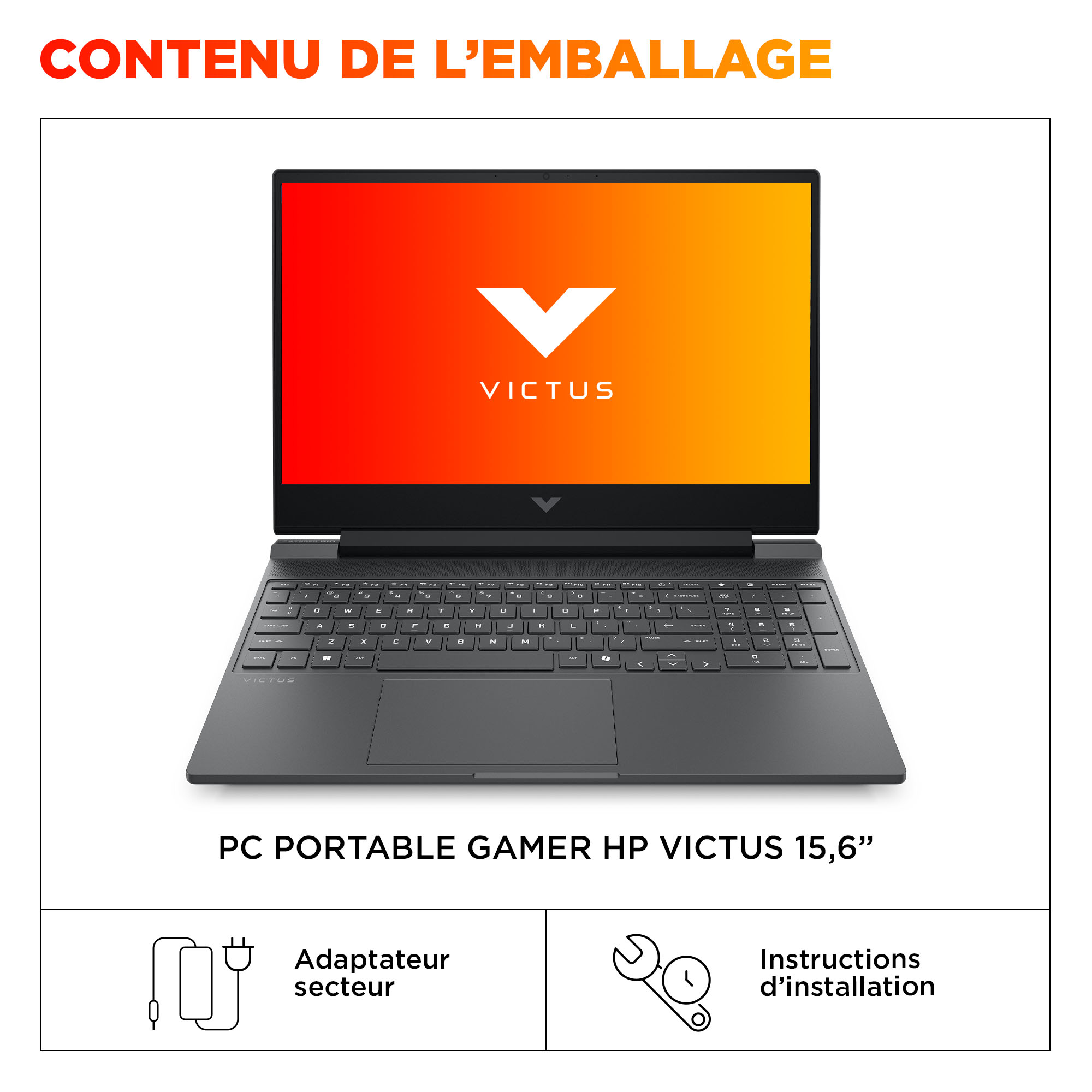 Laptop gamingowy HP Victus 15,6 cala z czerwonym ekranem, zasilaczem i instrukcją.