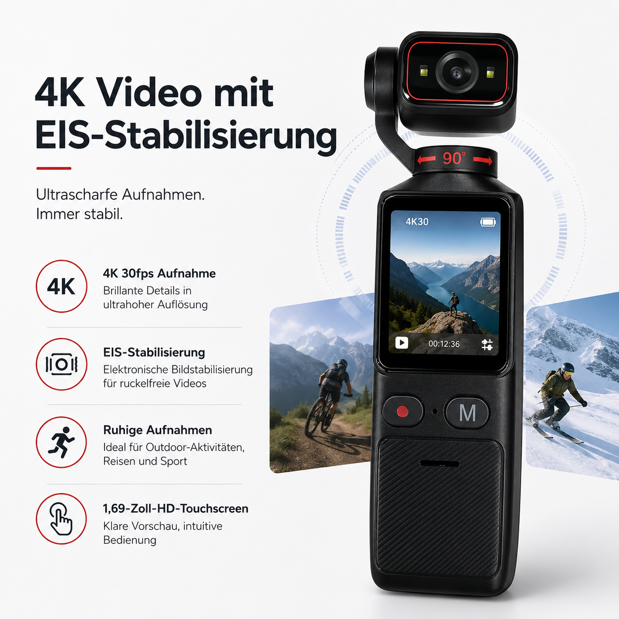 Eine schwarze 4K-Actioncam mit drehbarem Objektiv, Touchscreen und Funktionsbeschreibungen vor hellem Hintergrund.