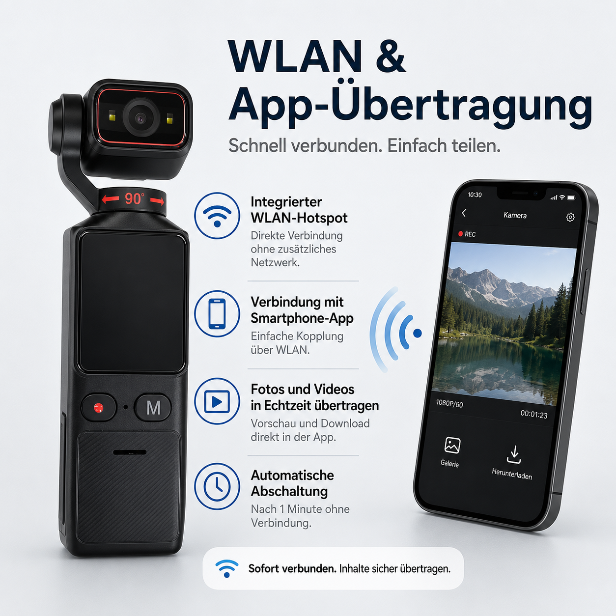 Kameragerät mit WLAN-App-Übertragung und Smartphone-Verbindung.