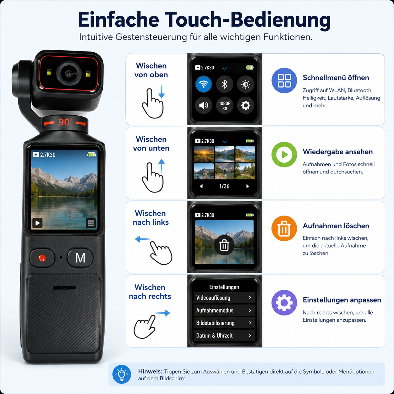 Eine Handkamera mit Touchscreen und Anleitungen für Wischgesten auf weißem Hintergrund.