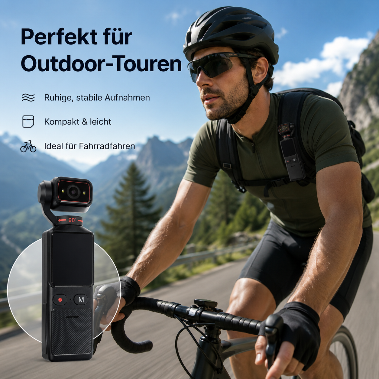Ein Radfahrer fährt auf einer Bergstraße mit einer kleinen Action-Kamera im Vordergrund.