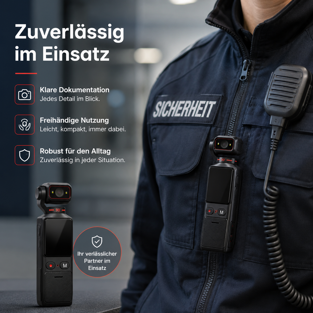 Polizeibeamter mit Körpereinsatzkamera und Funkgerät auf der Jacke, mit deutschem Text.