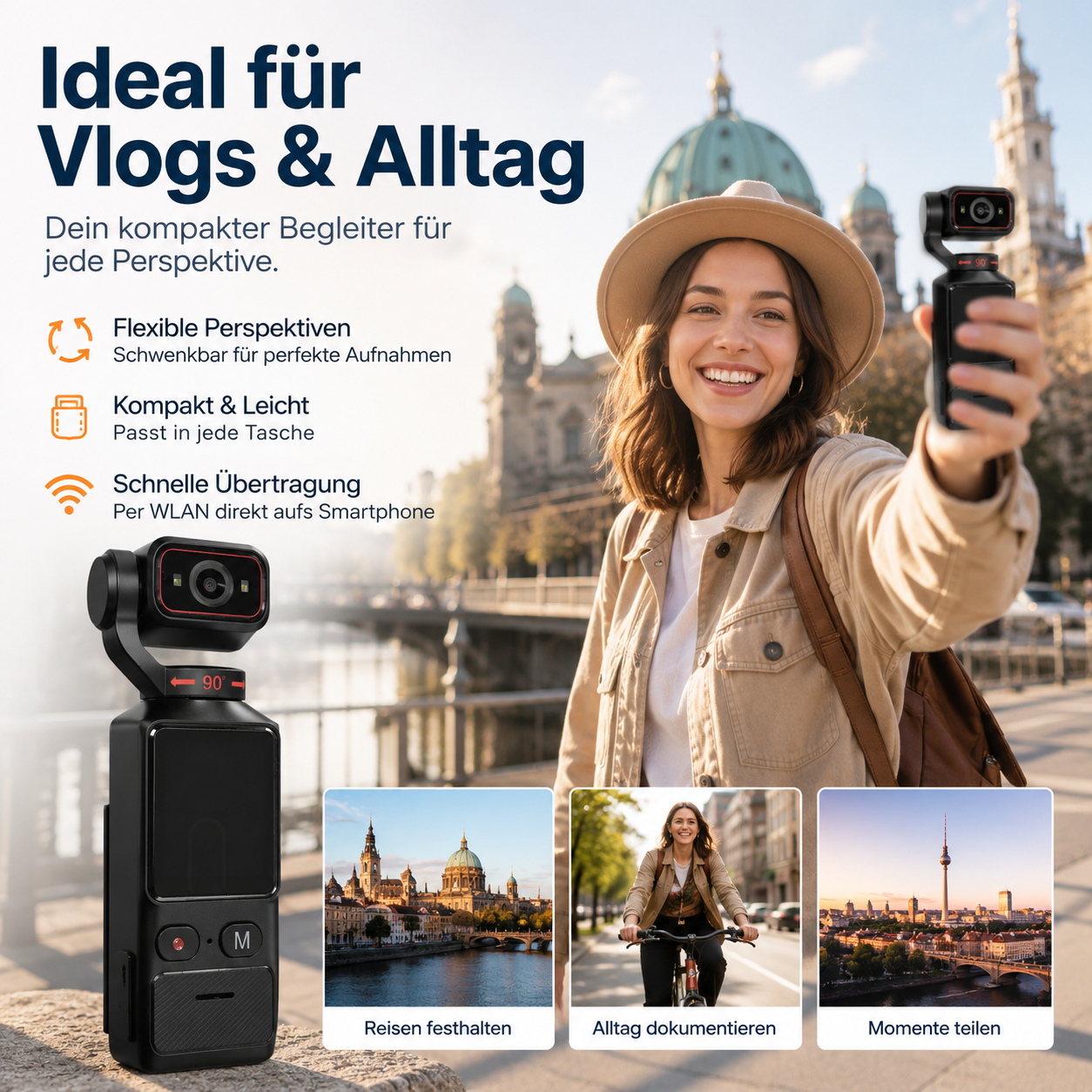 Eine Frau hält eine Taschen-Gimbal-Kamera, um sich in der Stadt zu filmen, mit Werbetext und kleineren Bildern.