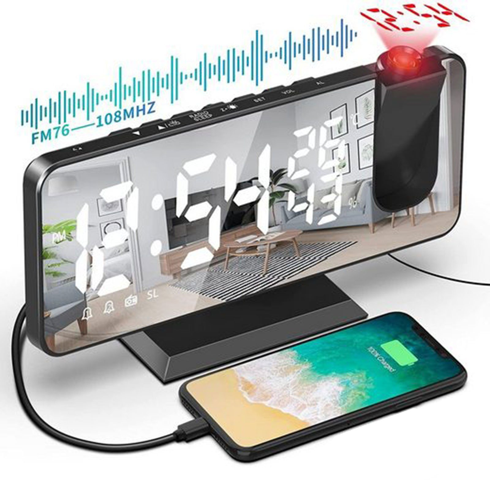 Digitaler Wecker mit großer LED-Anzeige, Radiowellen-Grafik, Projektor und angeschlossenem Smartphone.
