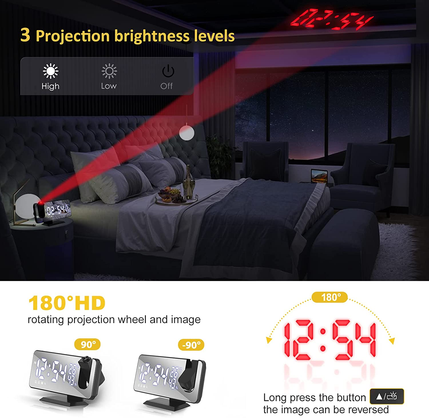 Projektionswecker mit rotem Display an einer Wand im dunklen Schlafzimmer.